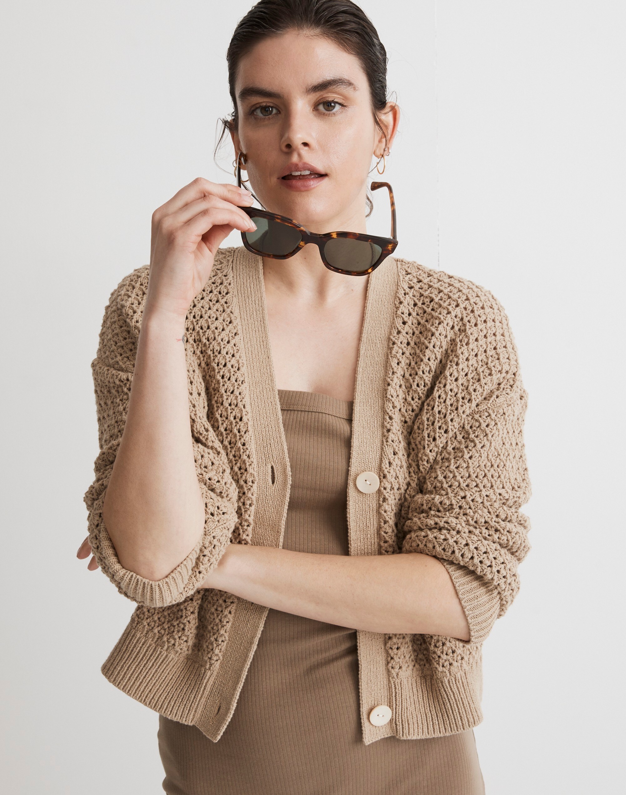 Open-Stitch Crop Cardigan Sweater