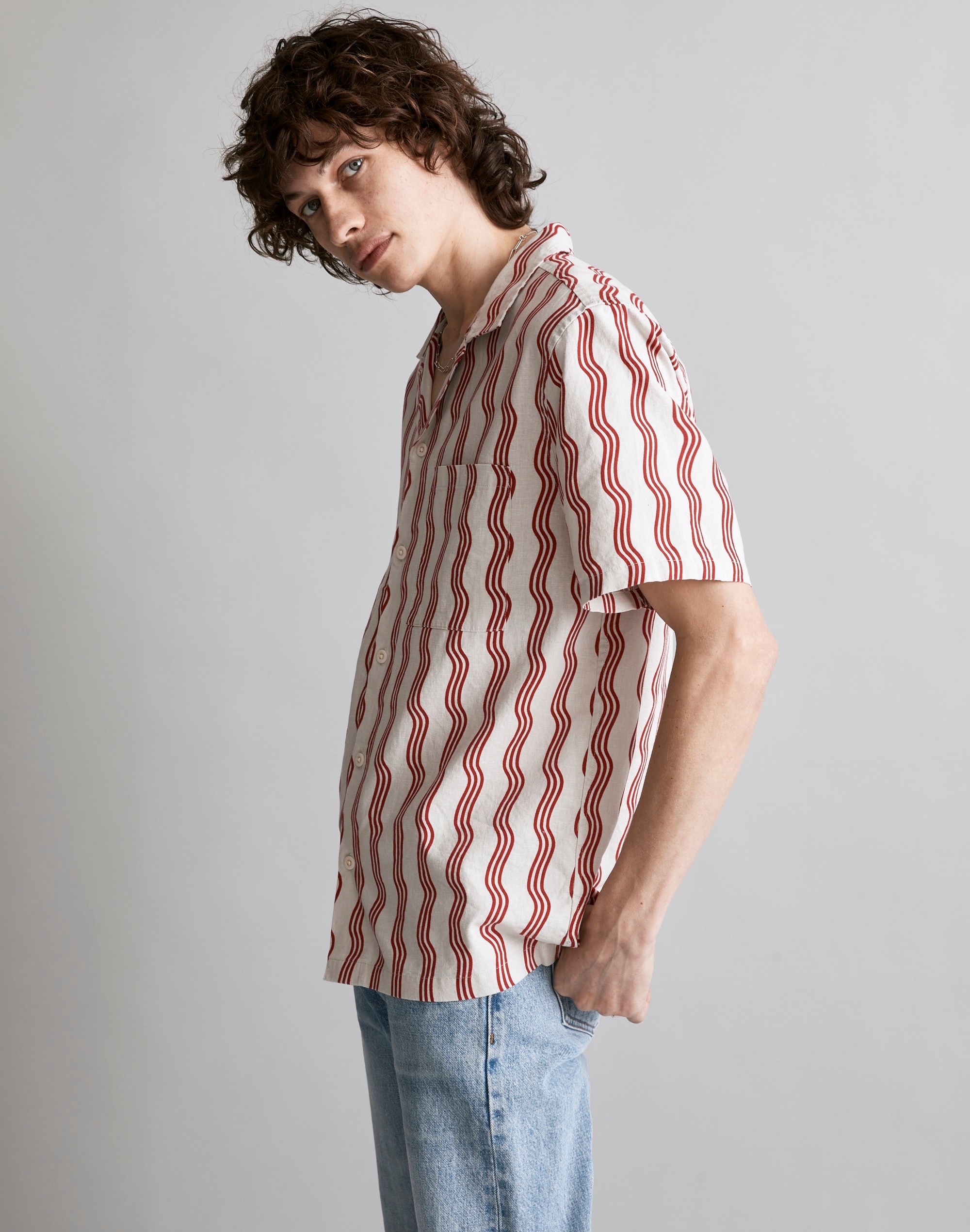 Hemp-Cotton Blend Easy Short-Sleeve Shirt in Wave