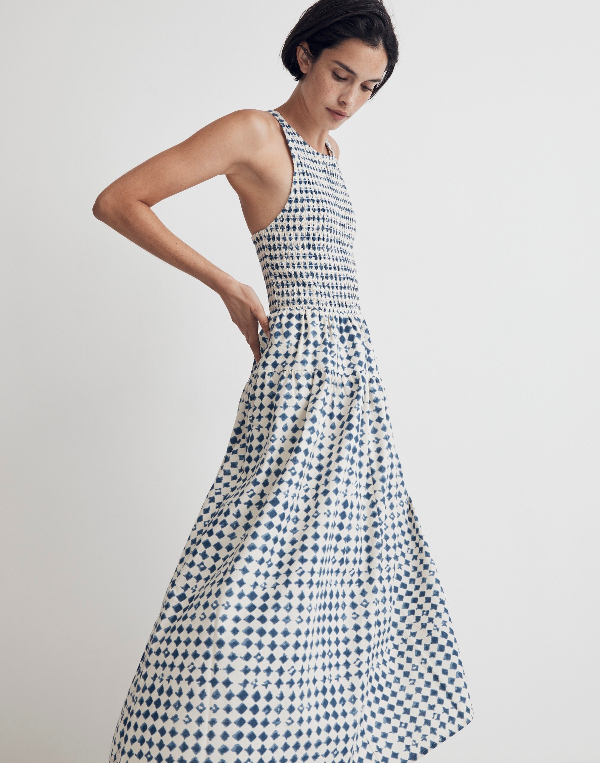 halter tiered midi dress in shibori print