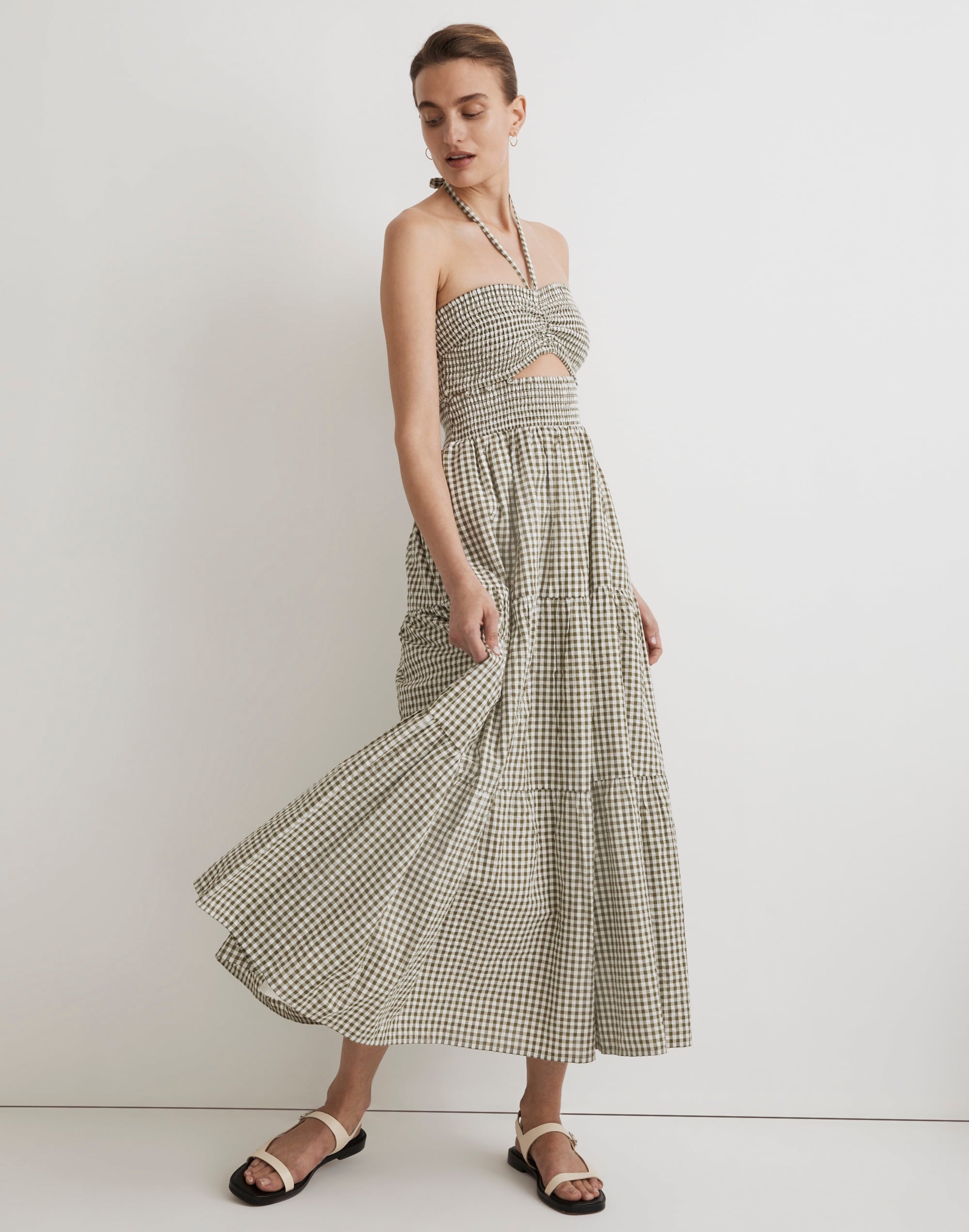 modular halter midi dress in gingham
