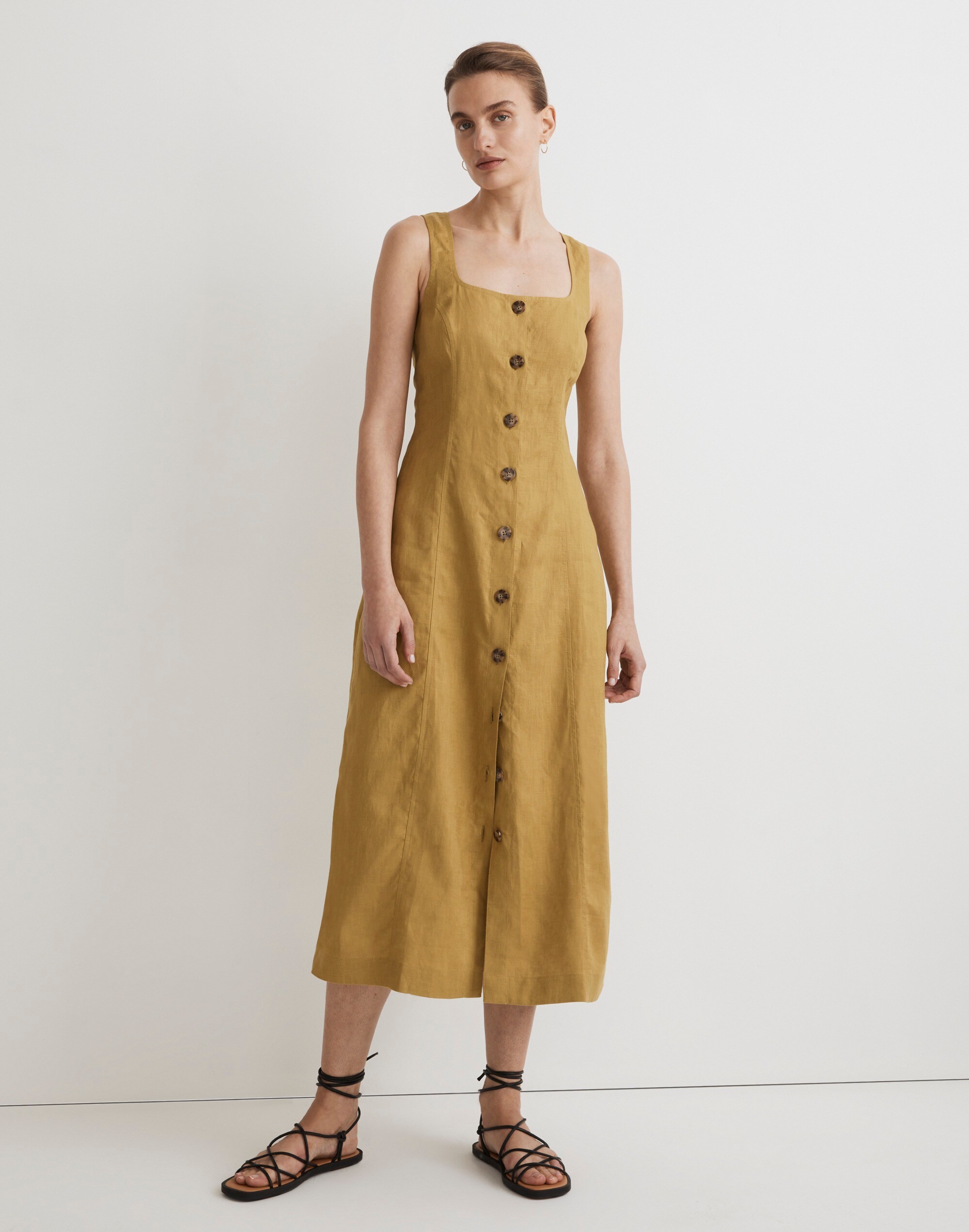 Button-Front Midi Dress in 100% Linen