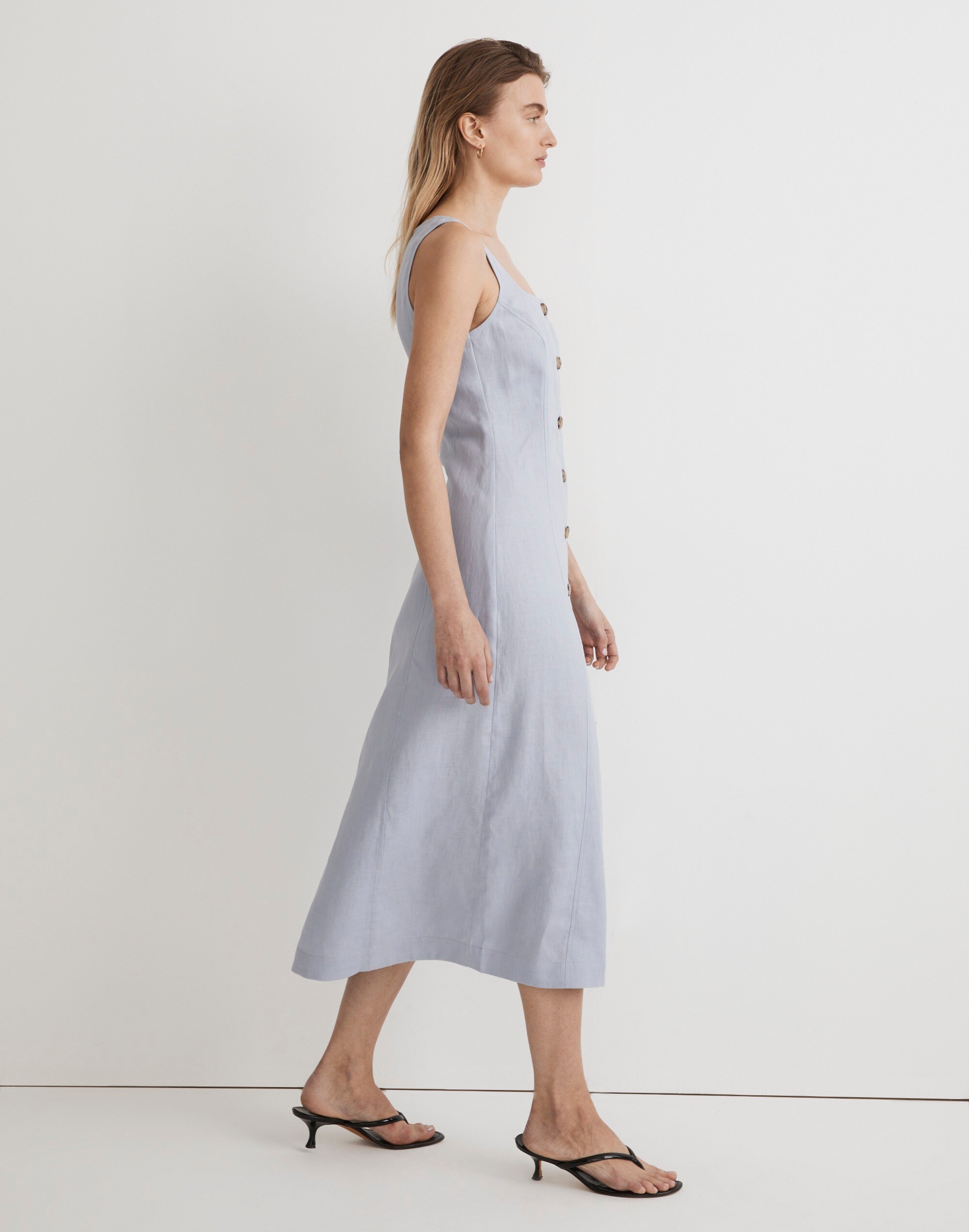 Button-Front Midi Dress in 100% Linen
