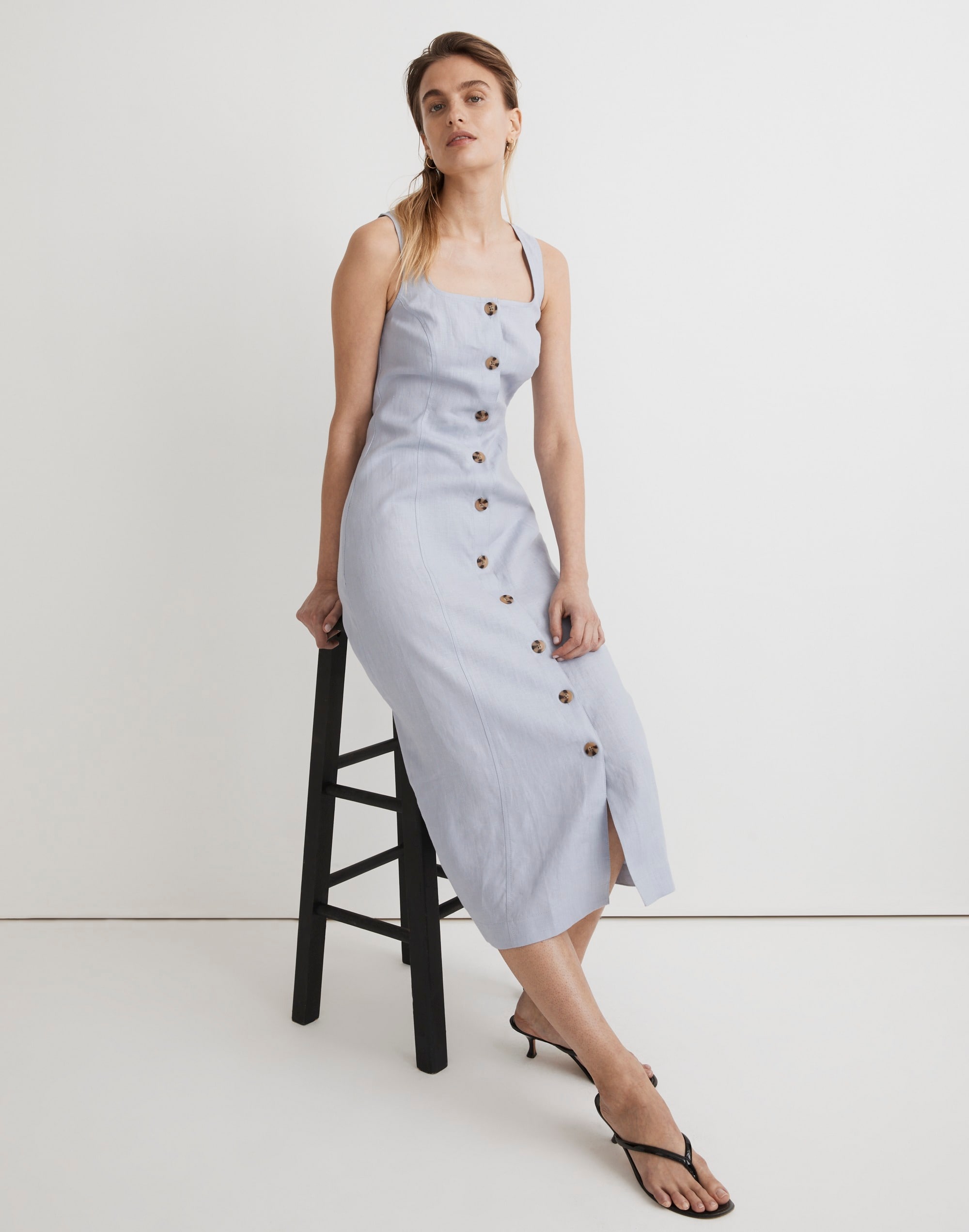 Button-Front Midi Dress in 100% Linen