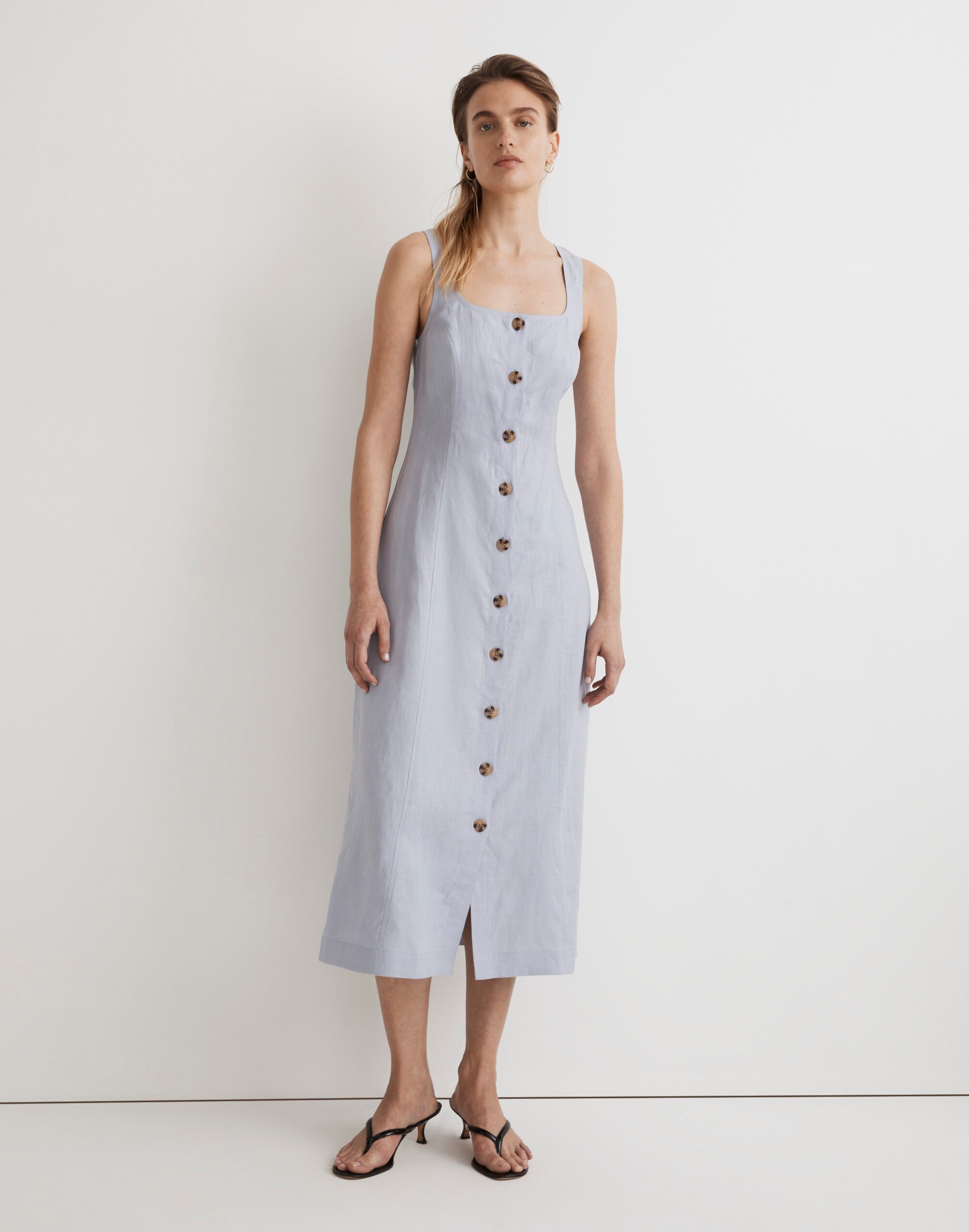 Button-Front Midi Dress in 100% Linen