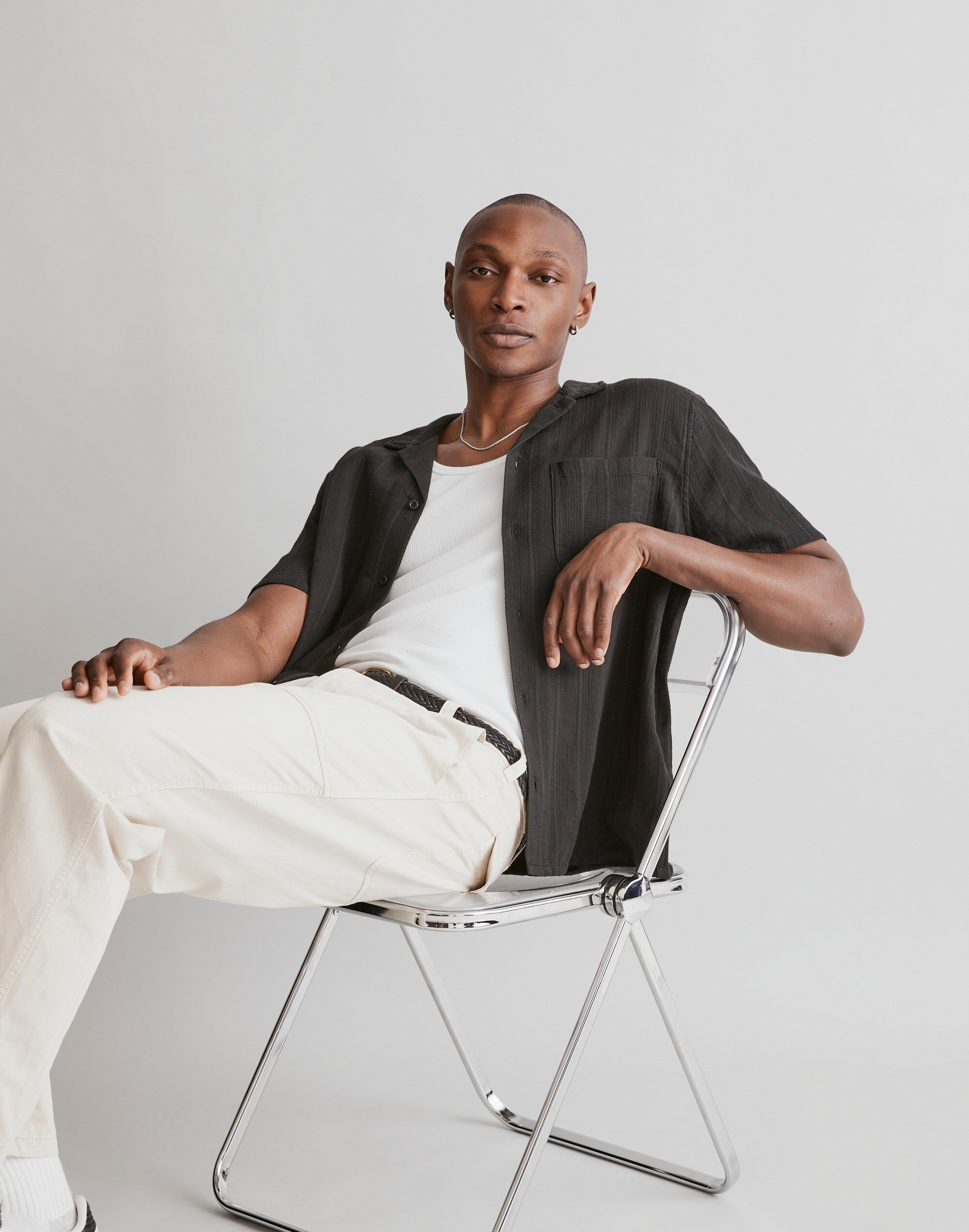 Easy Short-Sleeve Shirt in Textural Stripe