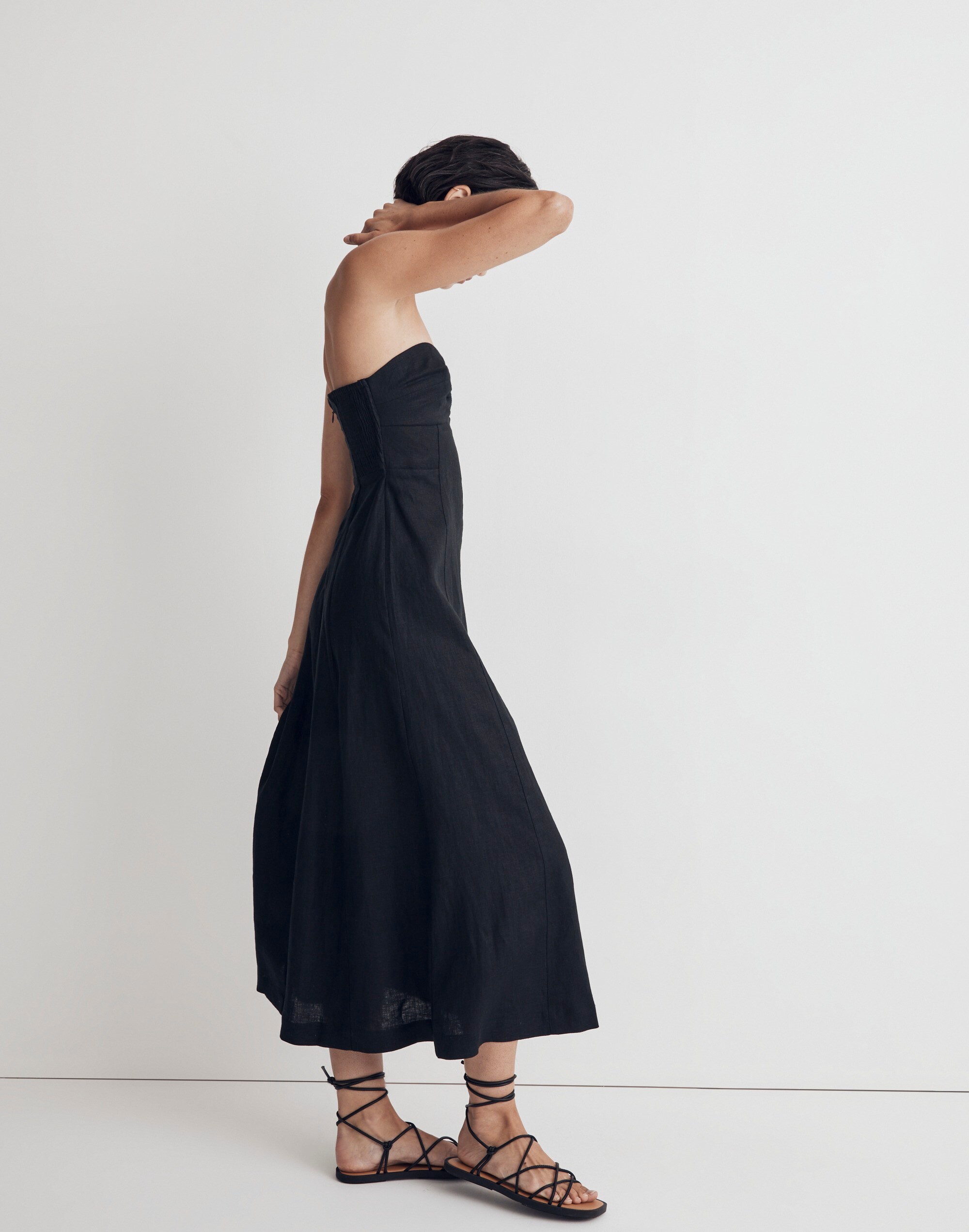 100% Linen Cutout Strapless Midi Dress