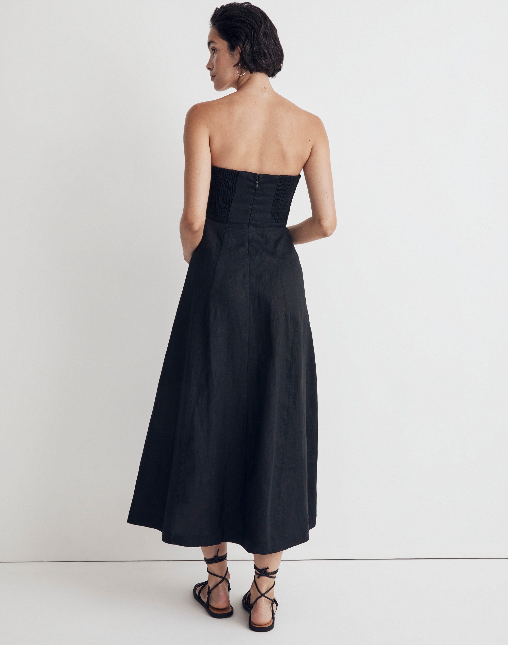 100% Linen Cutout Strapless Midi Dress