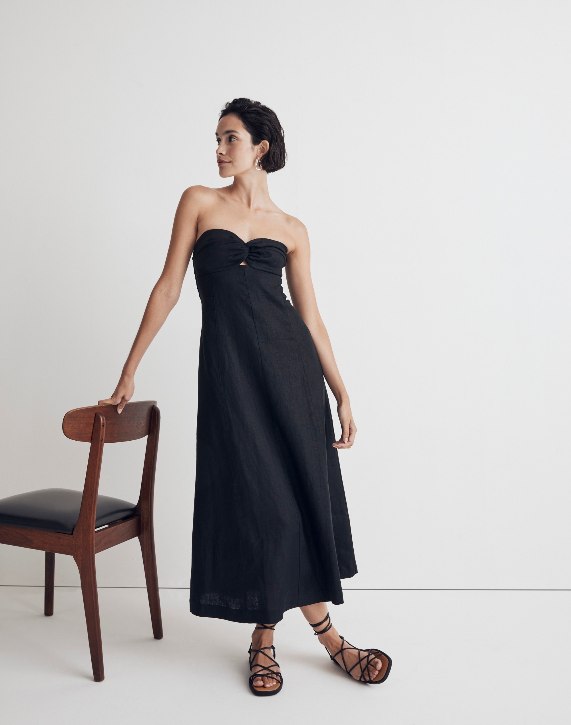 100% linen cutout strapless midi dress