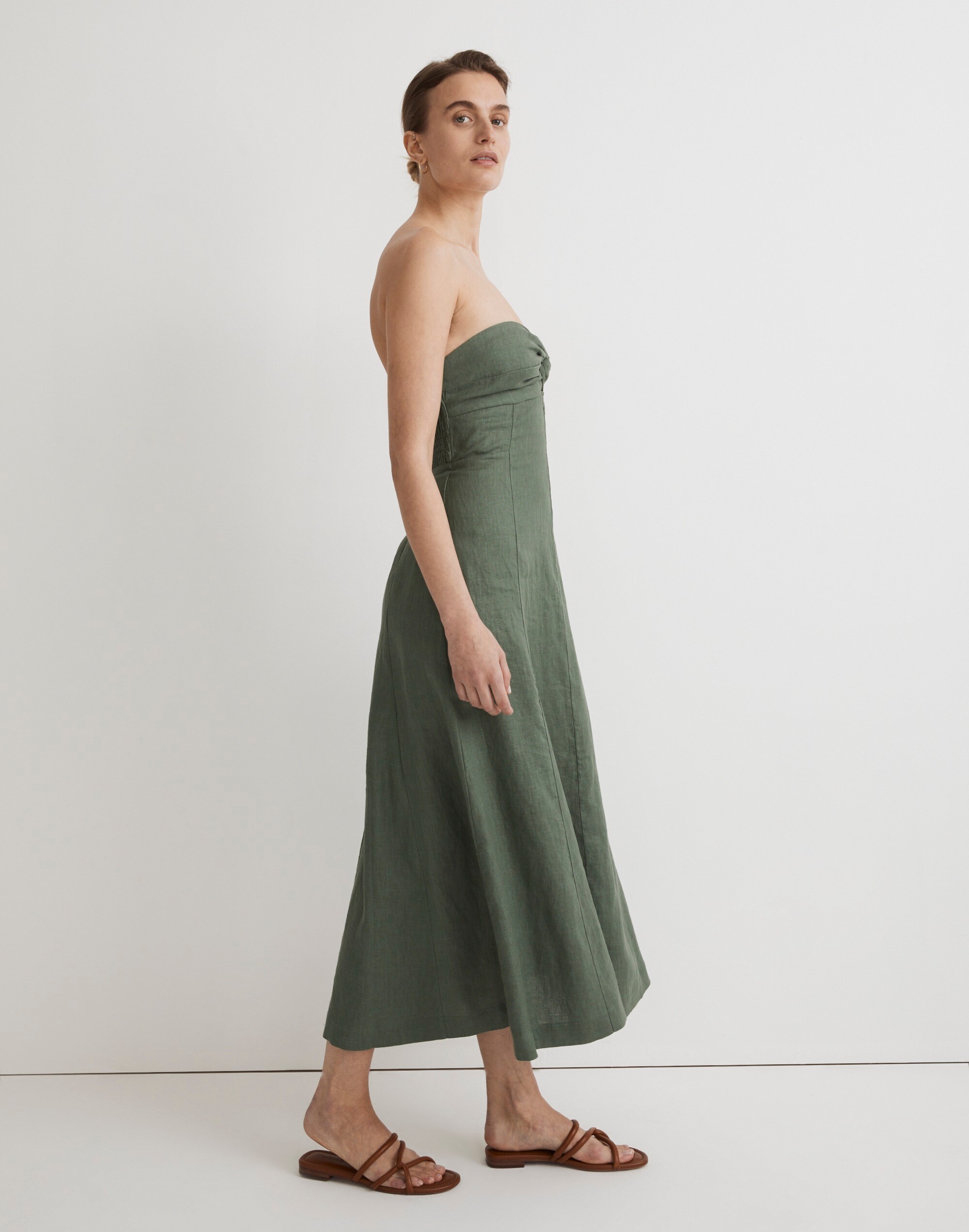 100% Linen Cutout Strapless Midi Dress