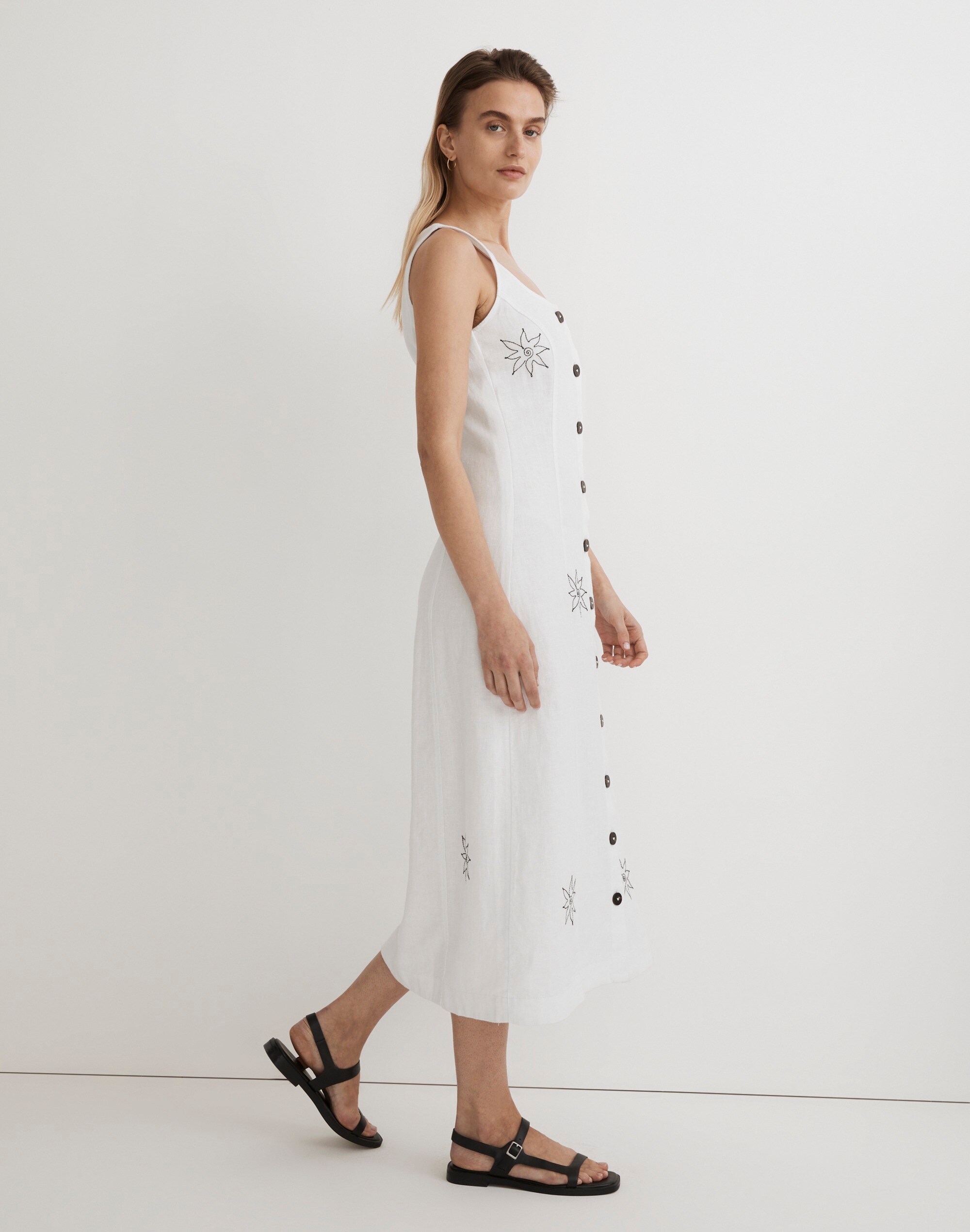 Button-Front Midi Dress in 100% Linen