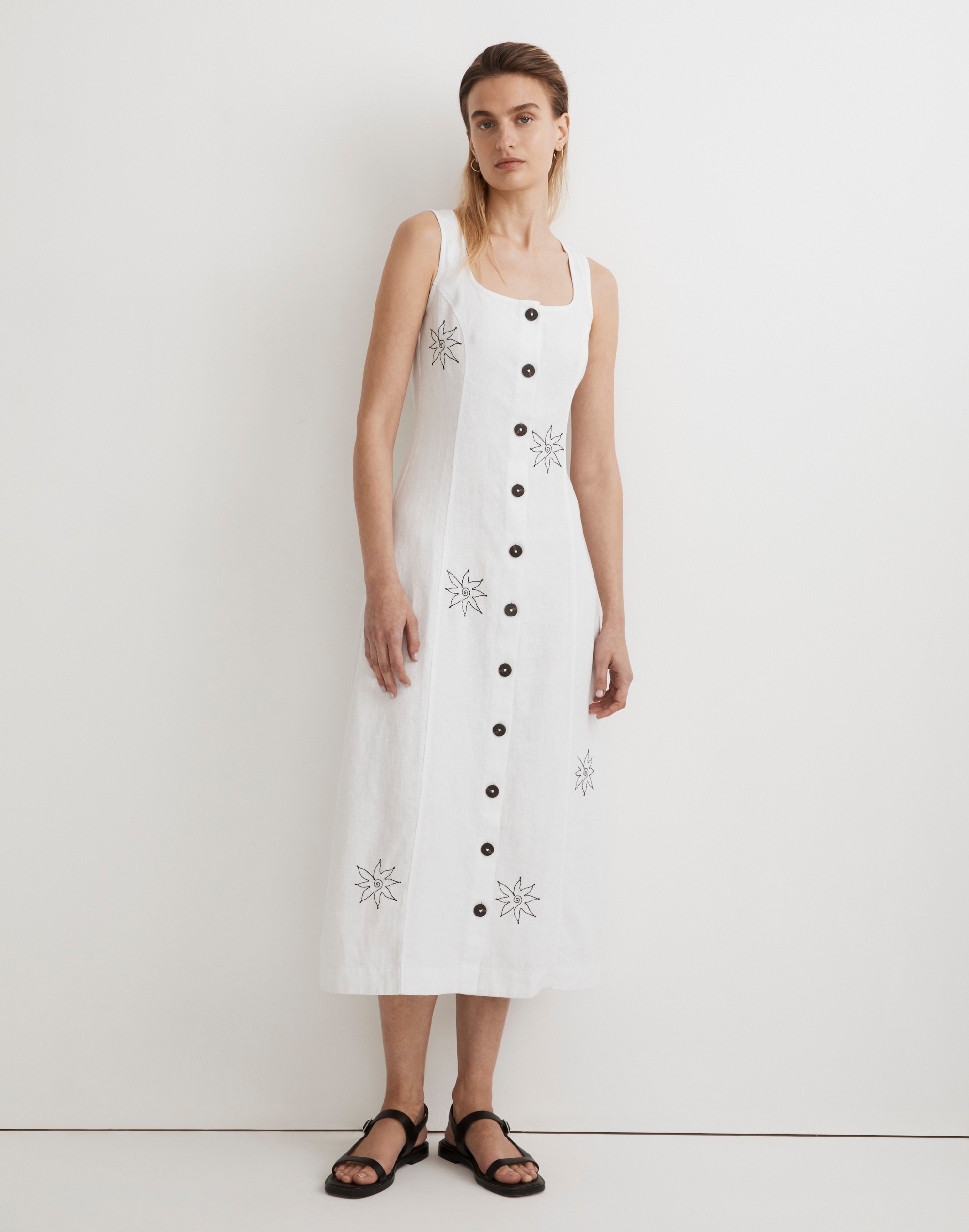 100% Linen Embroidered Button-Front Midi Dress