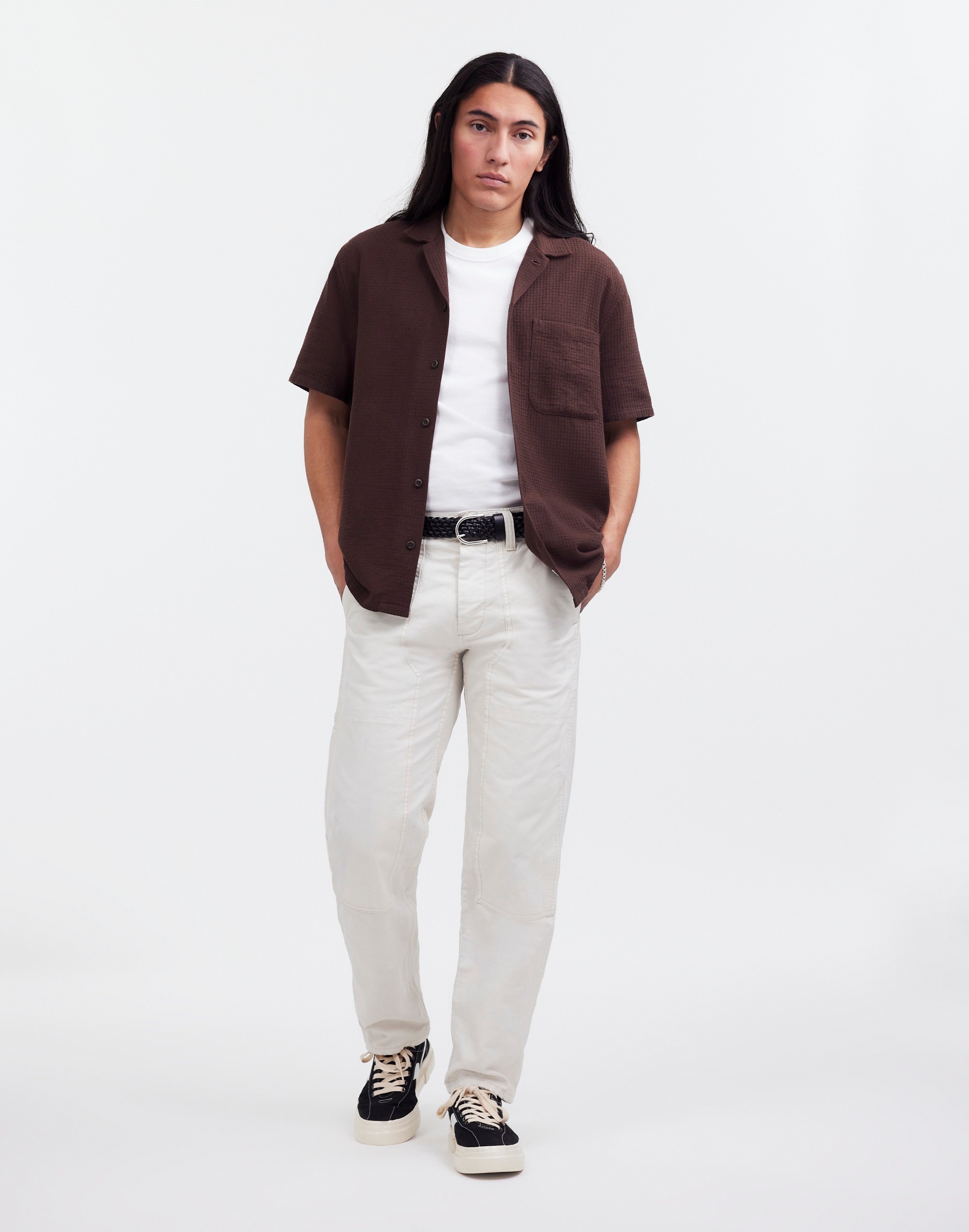 Easy Short-Sleeve Shirt in Woven Checkerboard in dark coffee image 2