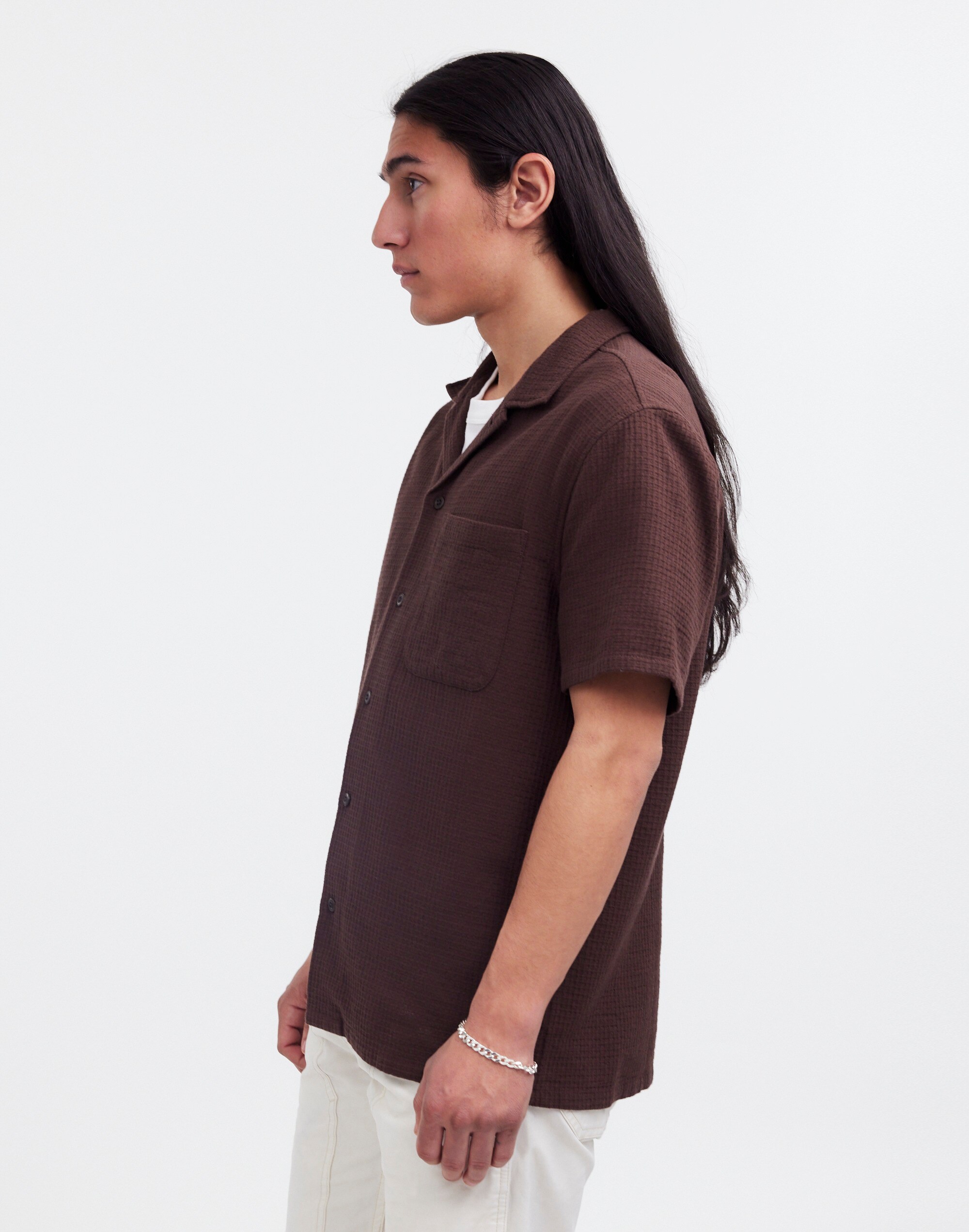 Easy Short-Sleeve Shirt in Woven Checkerboard in dark coffee image 3