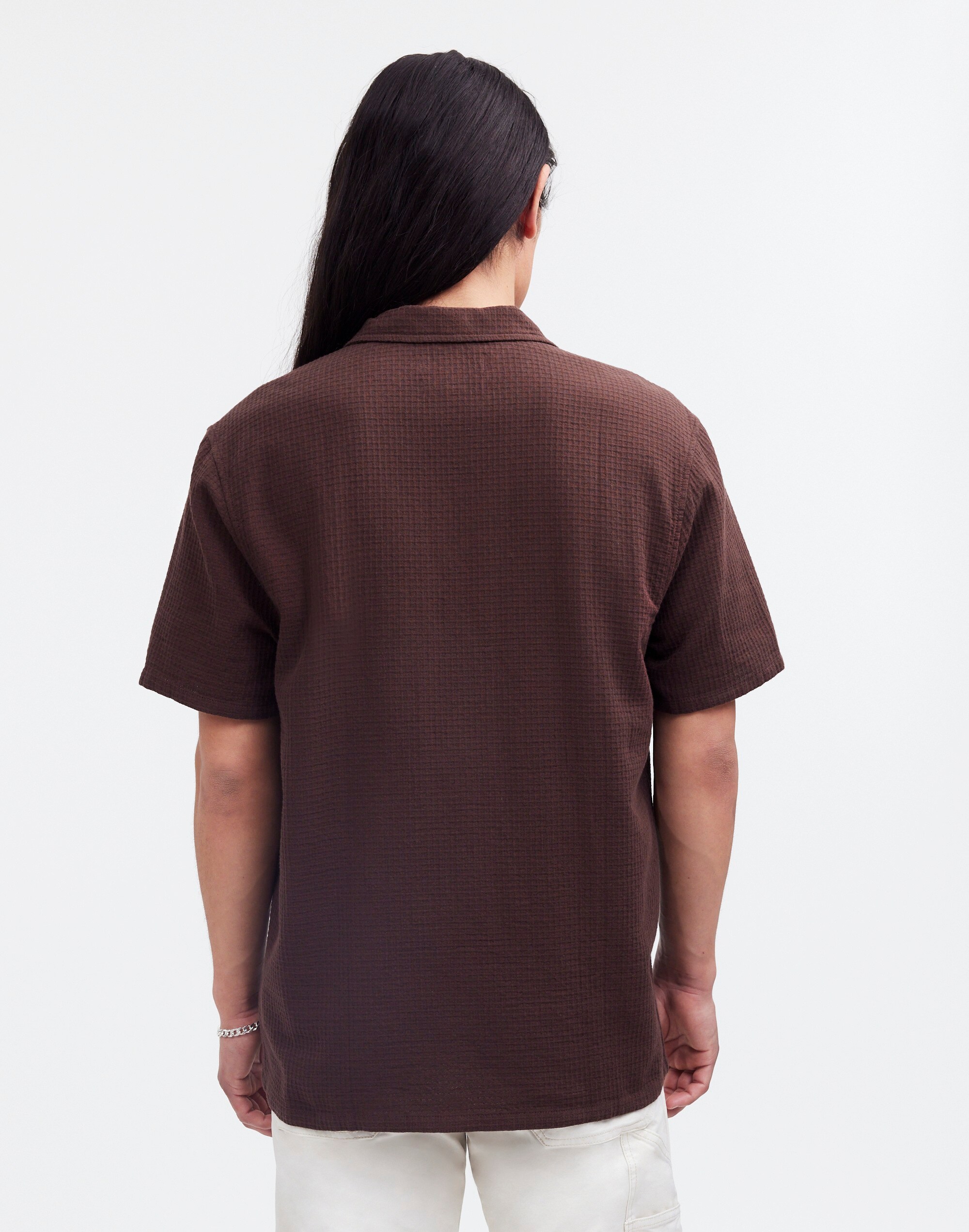 Easy Short-Sleeve Shirt in Woven Checkerboard in dark coffee image 4