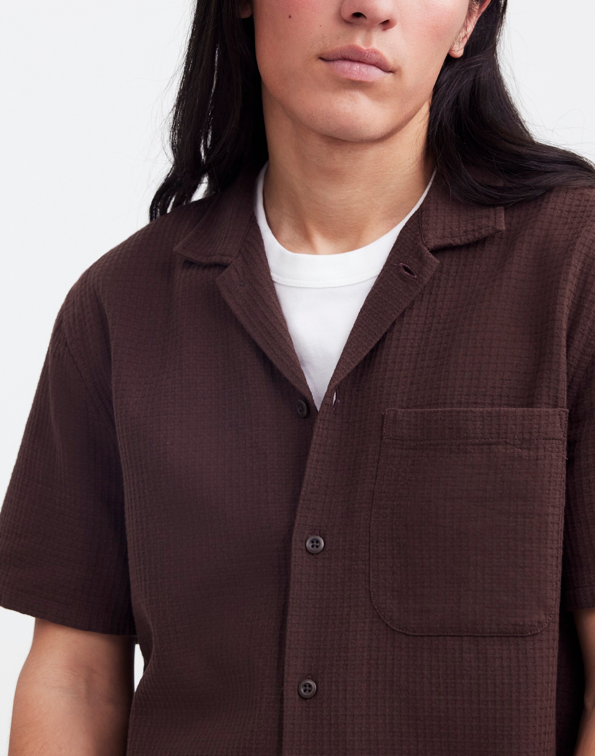 Easy Short-Sleeve Shirt in Woven Checkerboard in dark coffee image 5