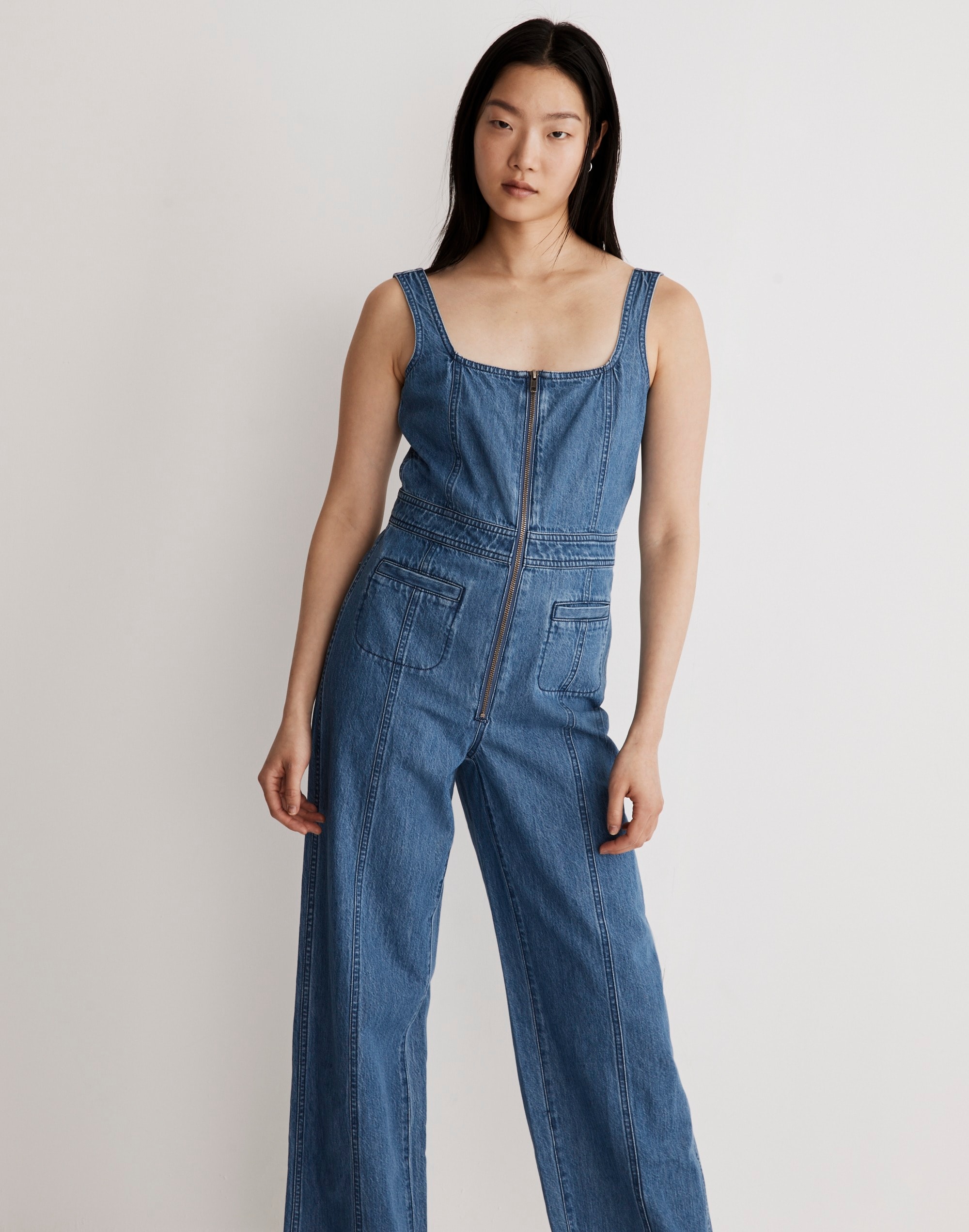 Denim Seamed Zip-Up Jumpsuit in Laurelhurst Wash