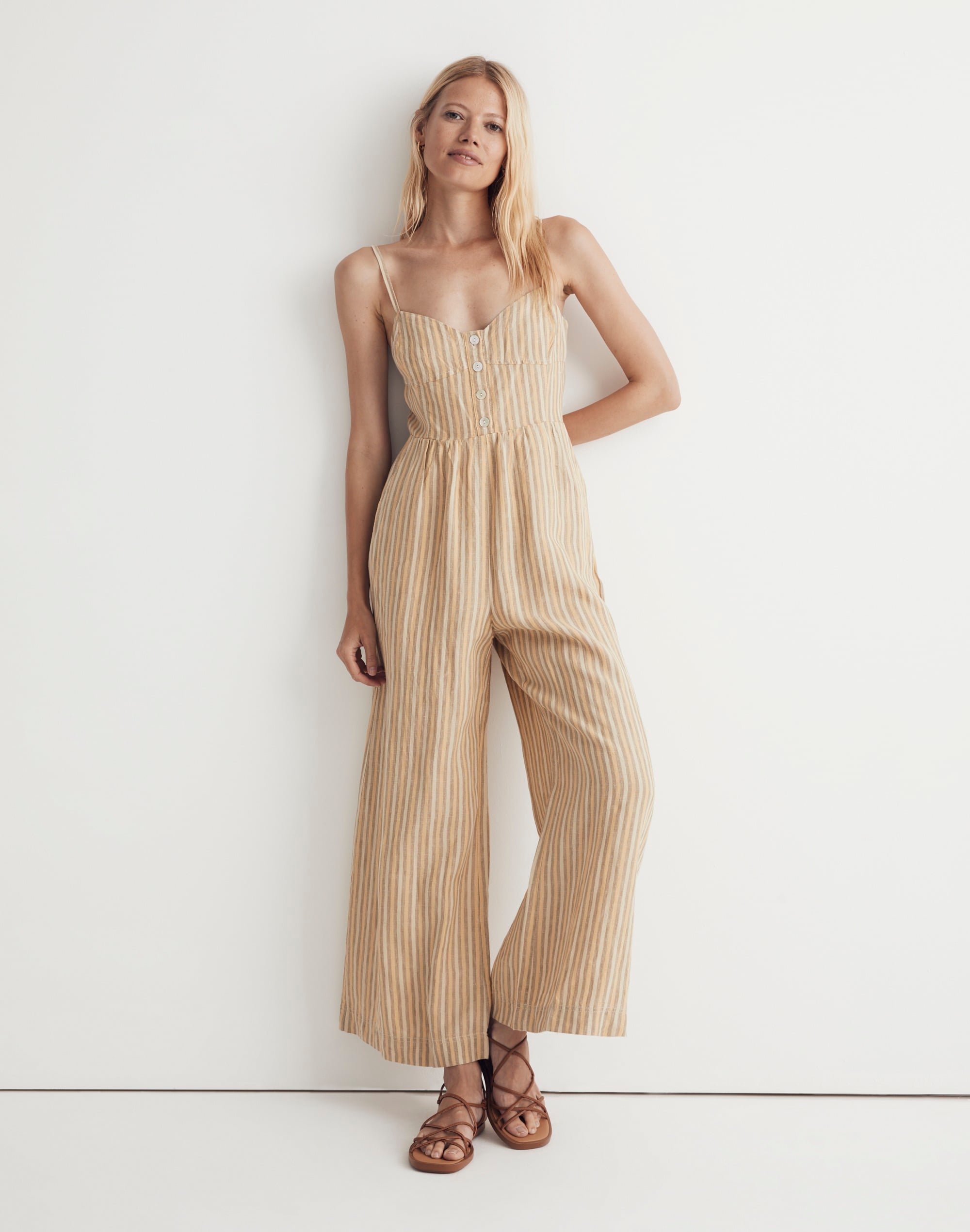 100% linen sleeveless wide-leg jumpsuit in stripe