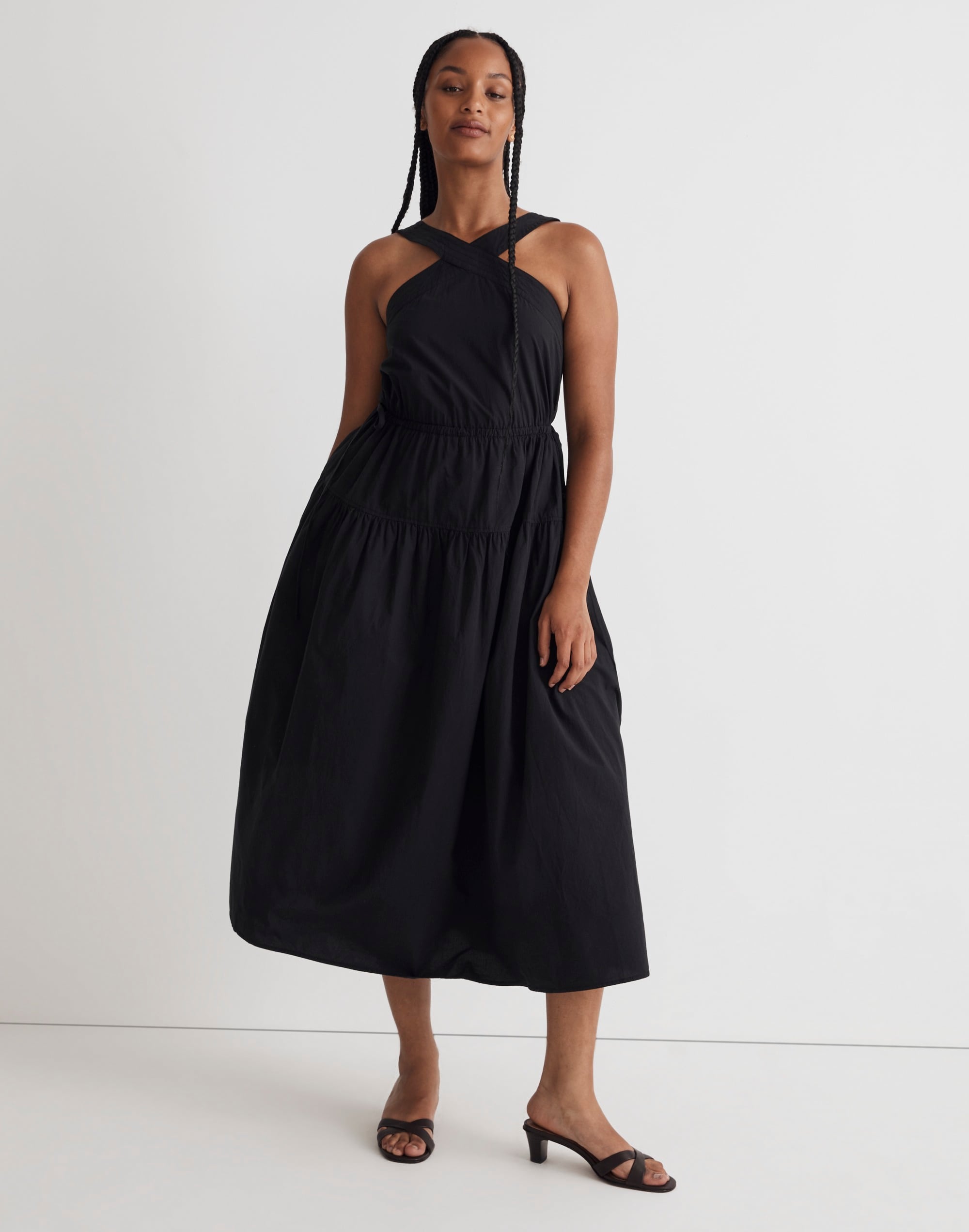 poplin halter tiered midi dress