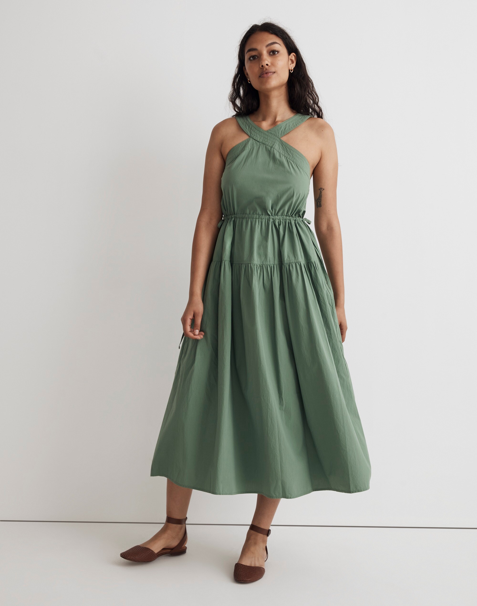 Poplin Halter Tiered Midi Dress