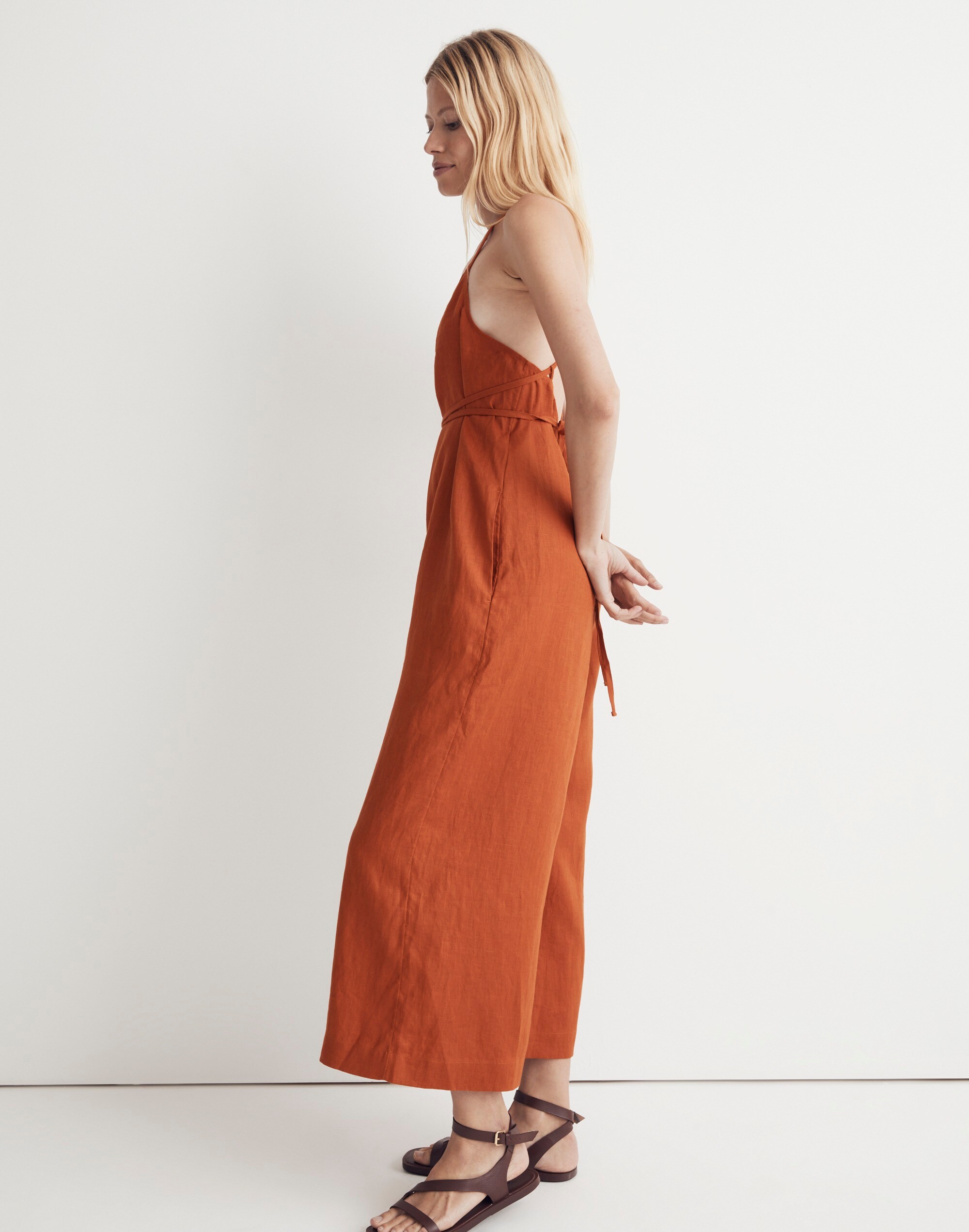 100% Linen Tie-Waist Wide-Leg Jumpsuit