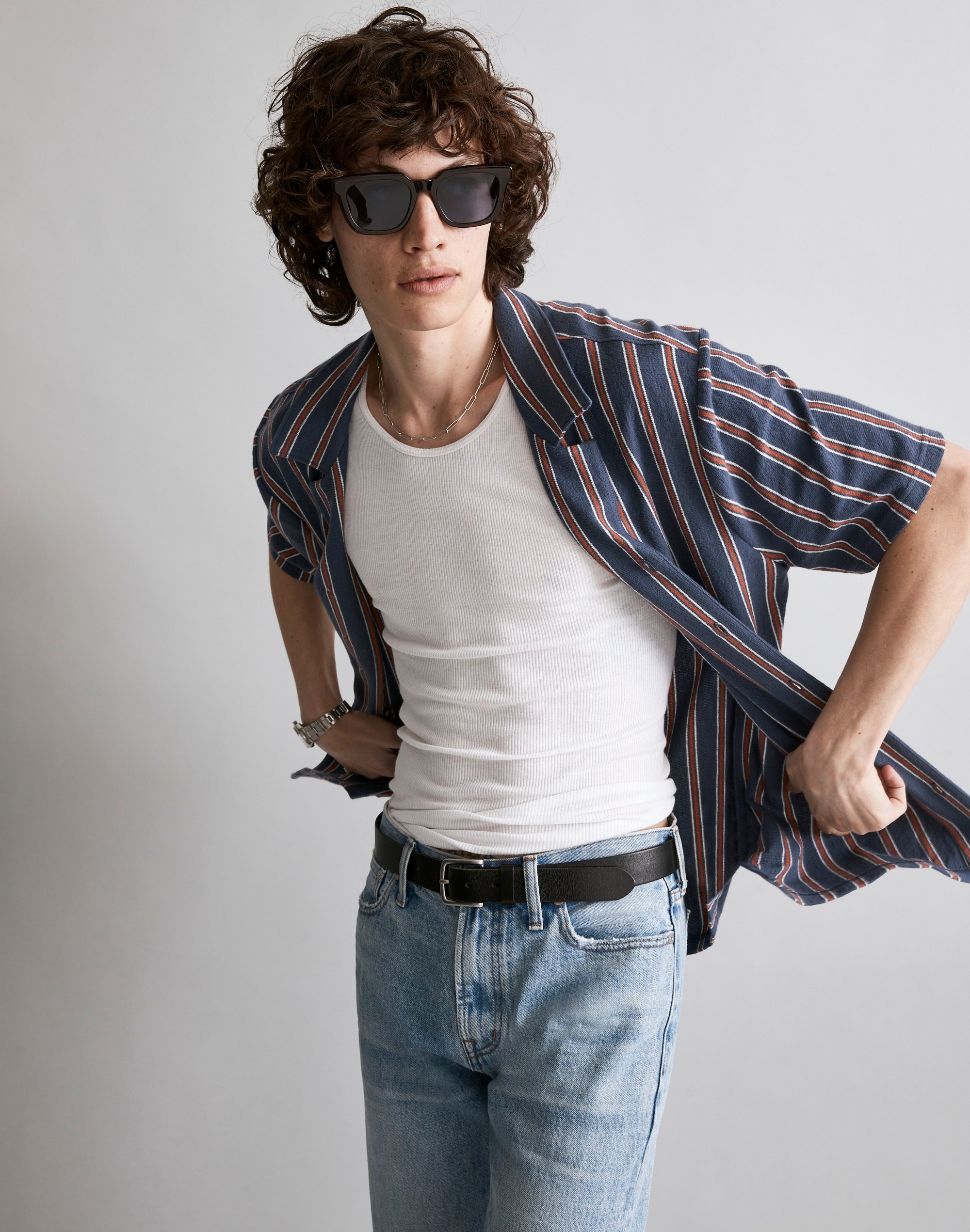 Easy Short-Sleeve Shirt in Textured Stripe Alternate Image 1