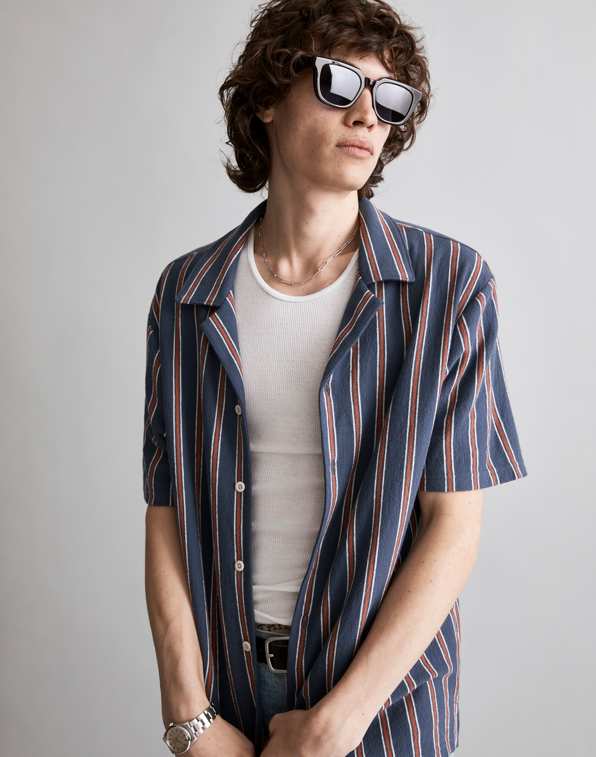 Easy Short-Sleeve Shirt in Textured Stripe Alternate Image 1