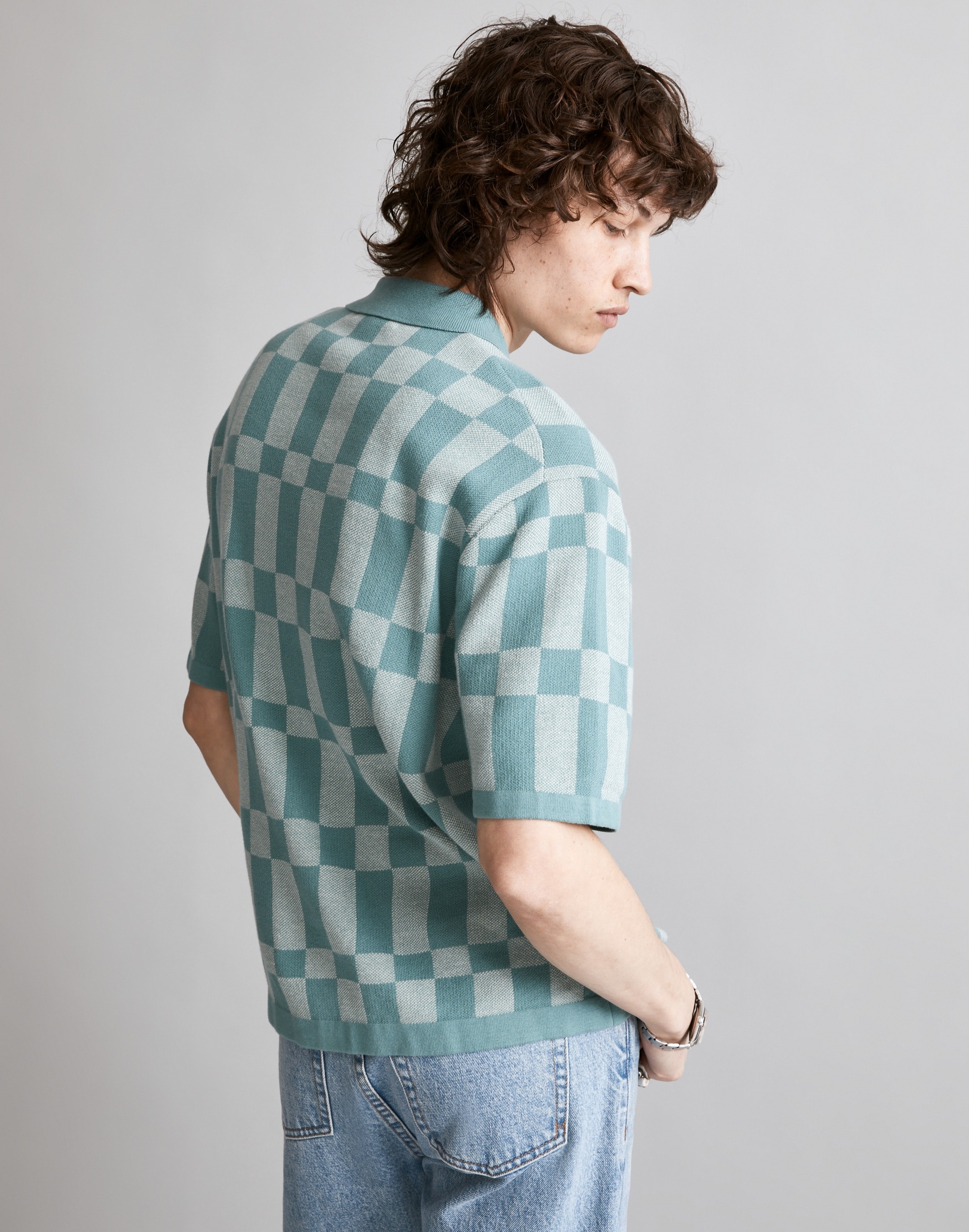 Button-Up Sweater Polo in Checkerboard