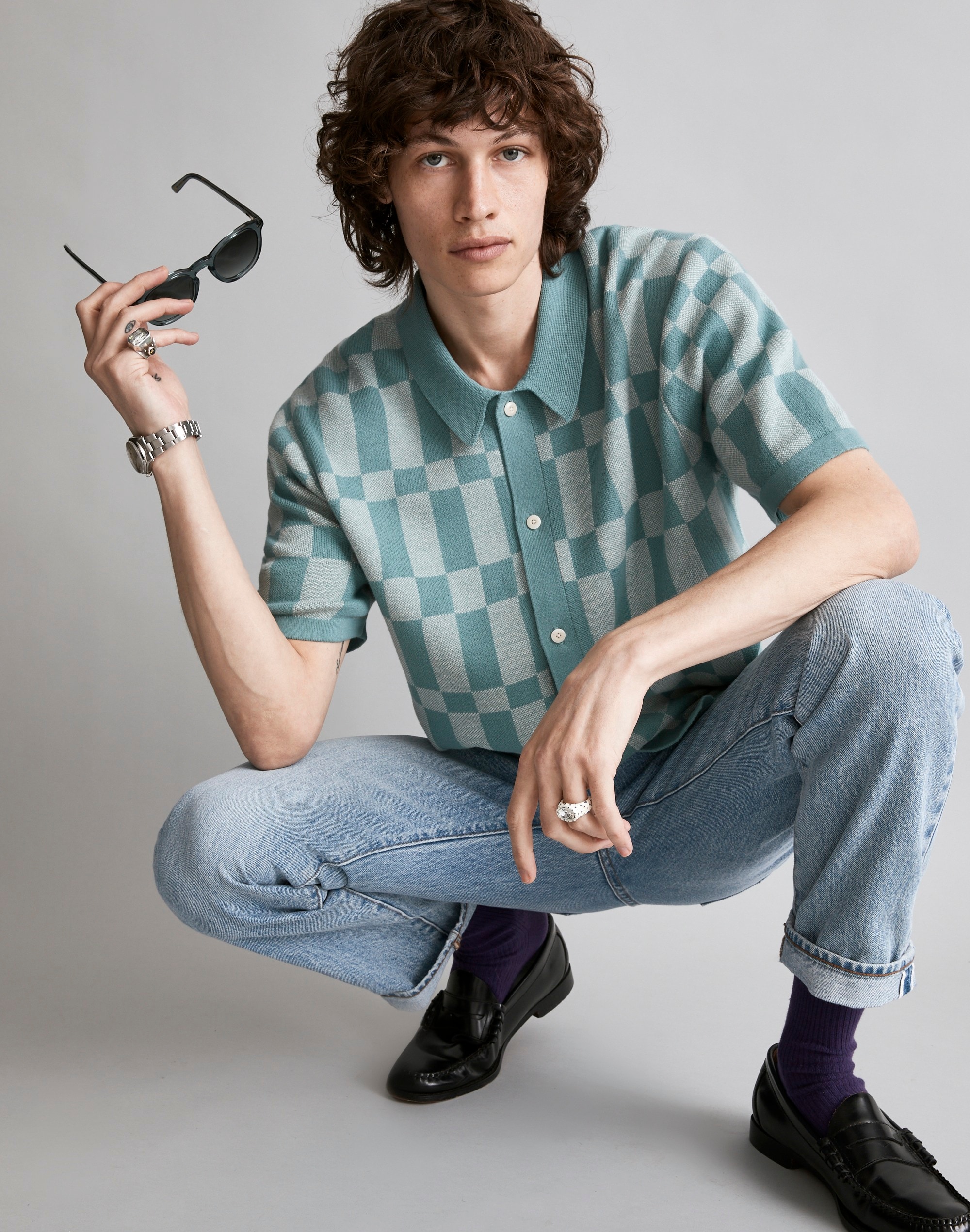 Button-Up Sweater Polo in Checkerboard