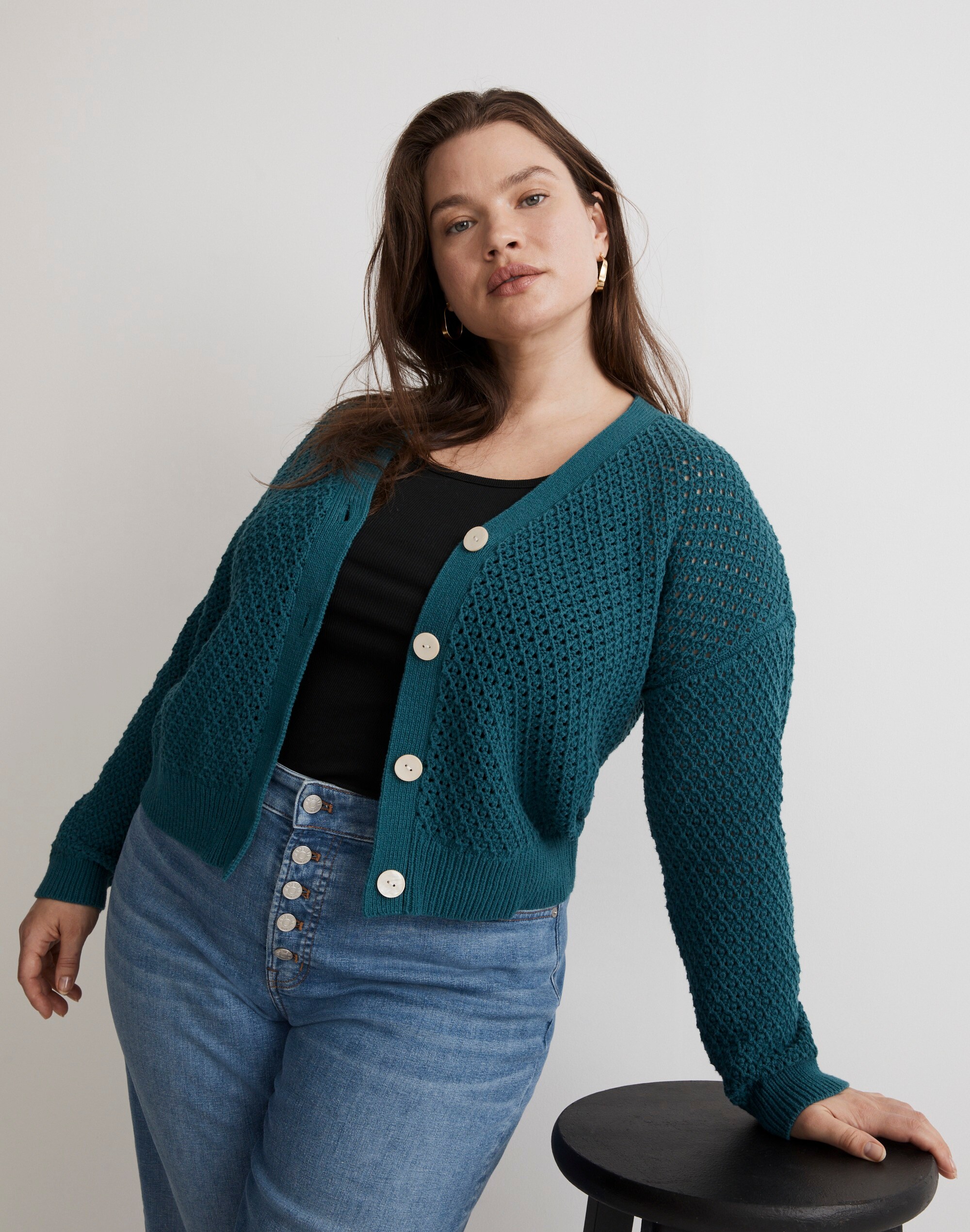 Plus Open-Stitch Crop Cardigan Sweater