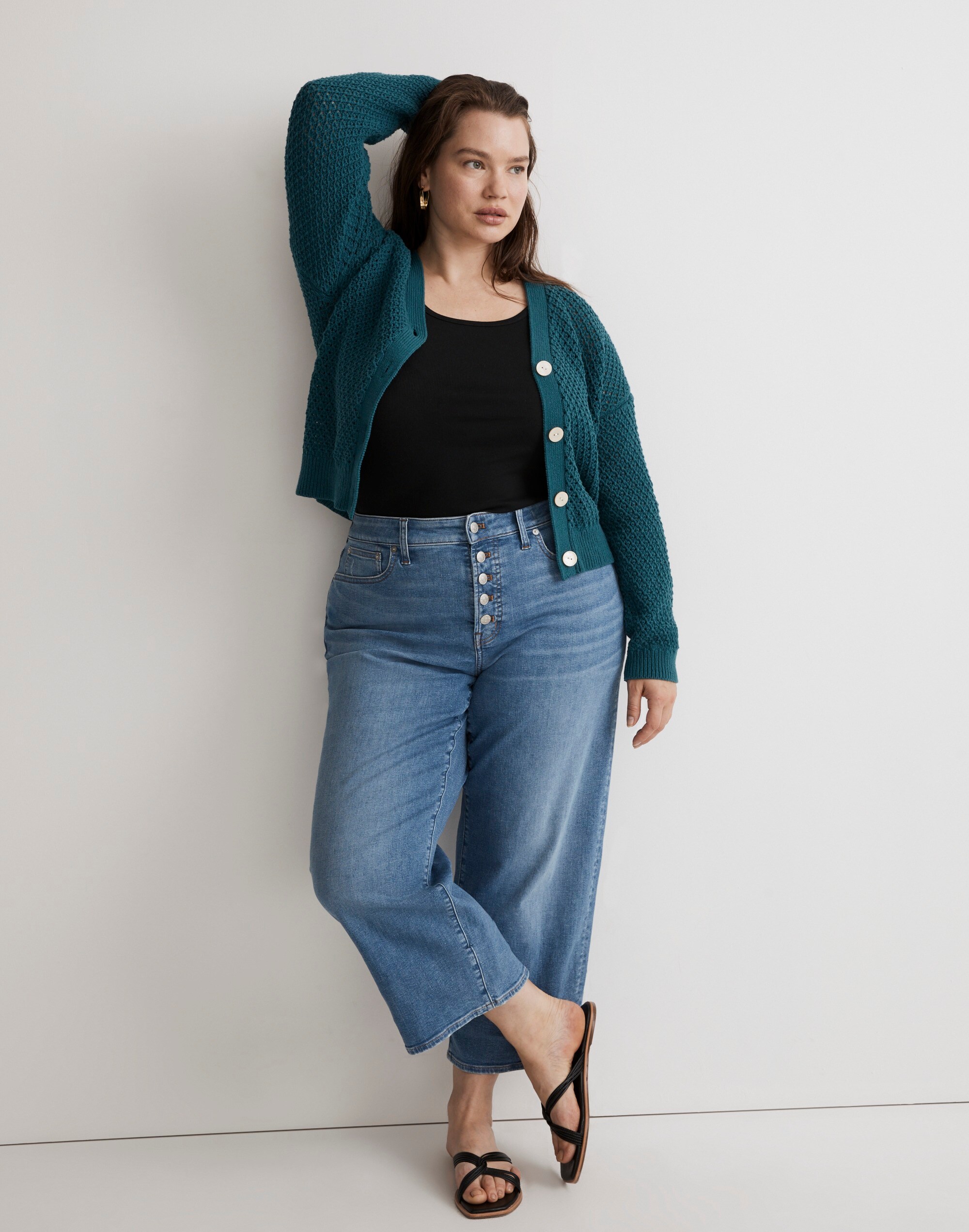 Plus Open-Stitch Crop Cardigan Sweater