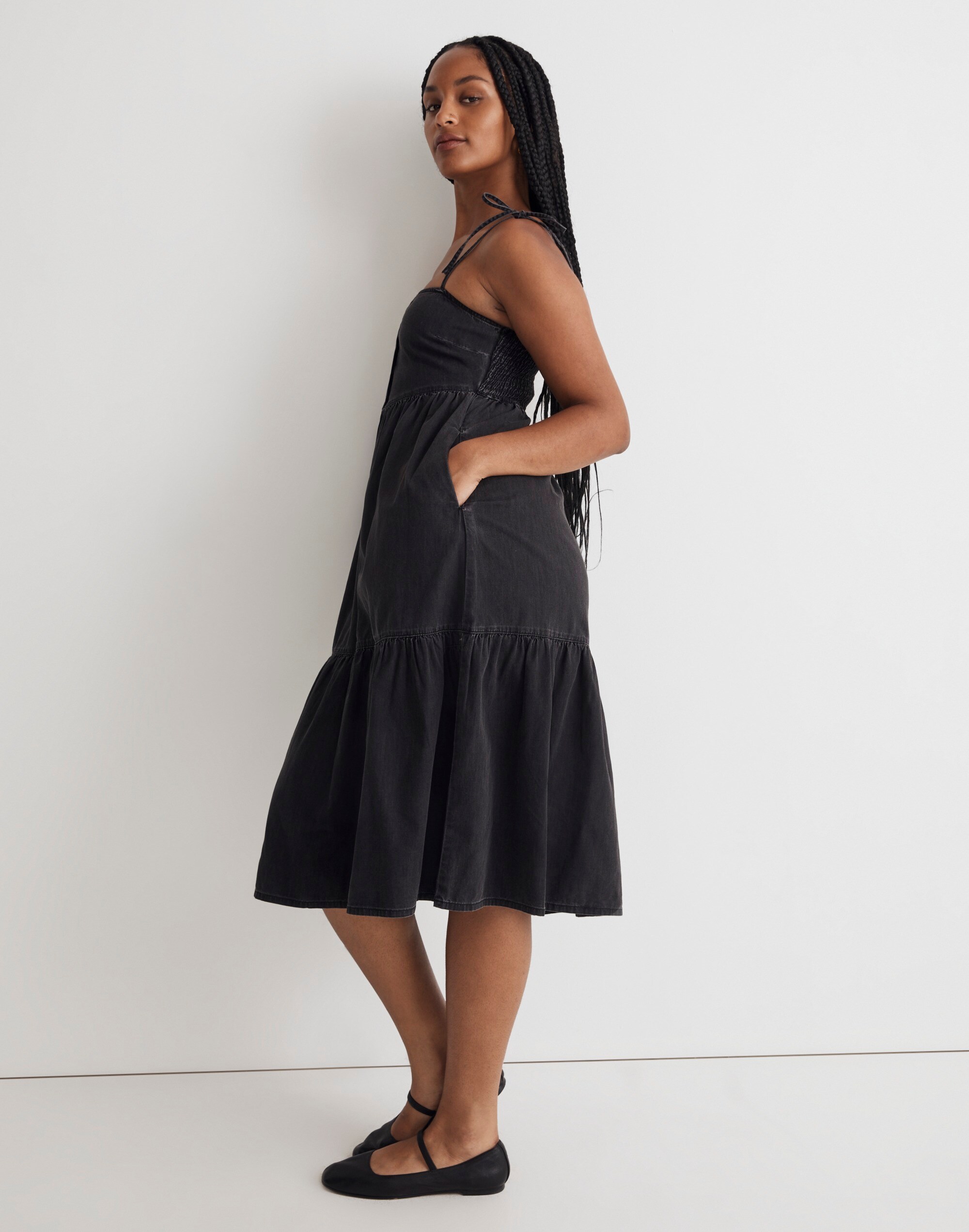 Denim Tiered Midi Dress in Lunar Wash