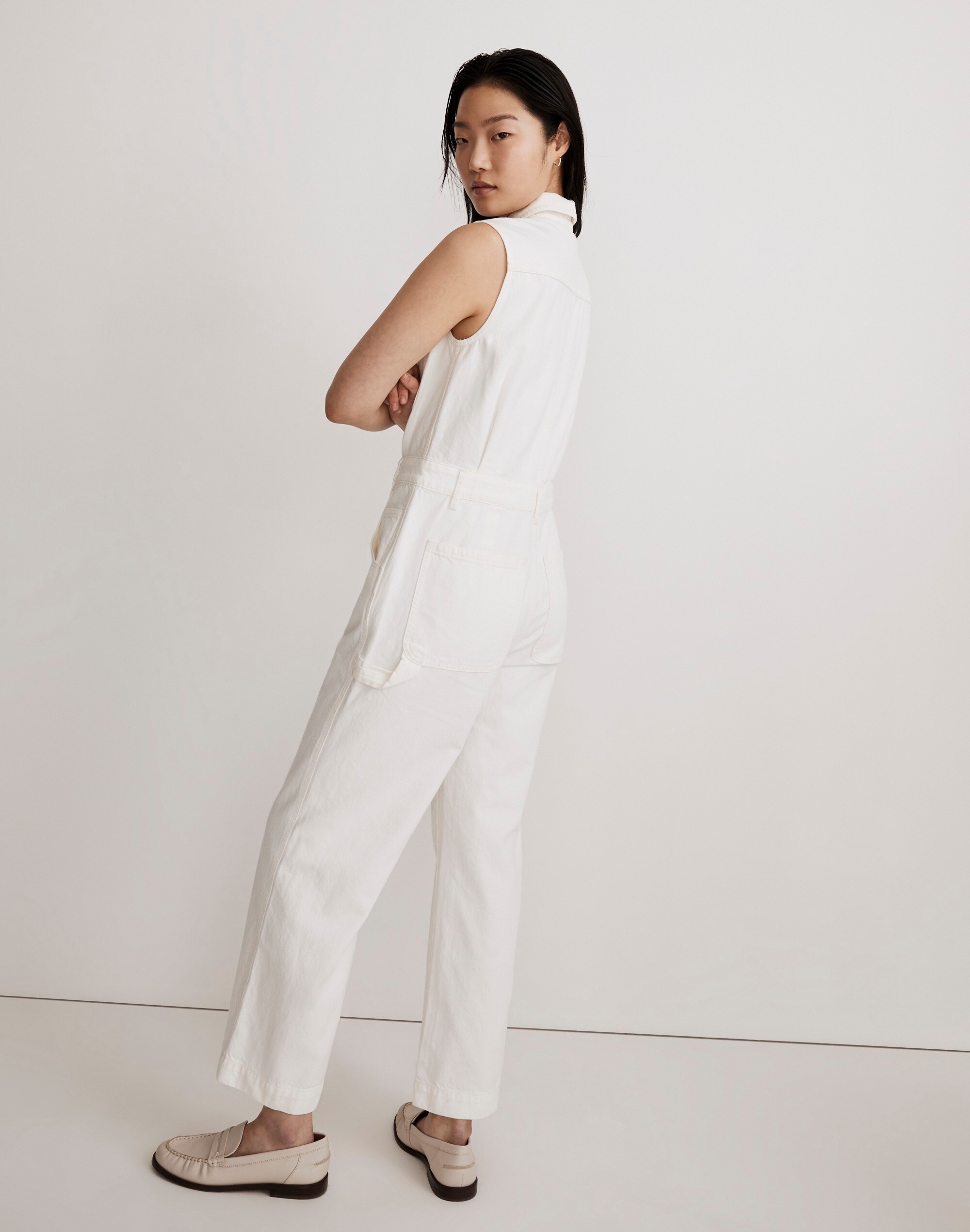 Denim Sleeveless Carpenter Jumpsuit in Tile While