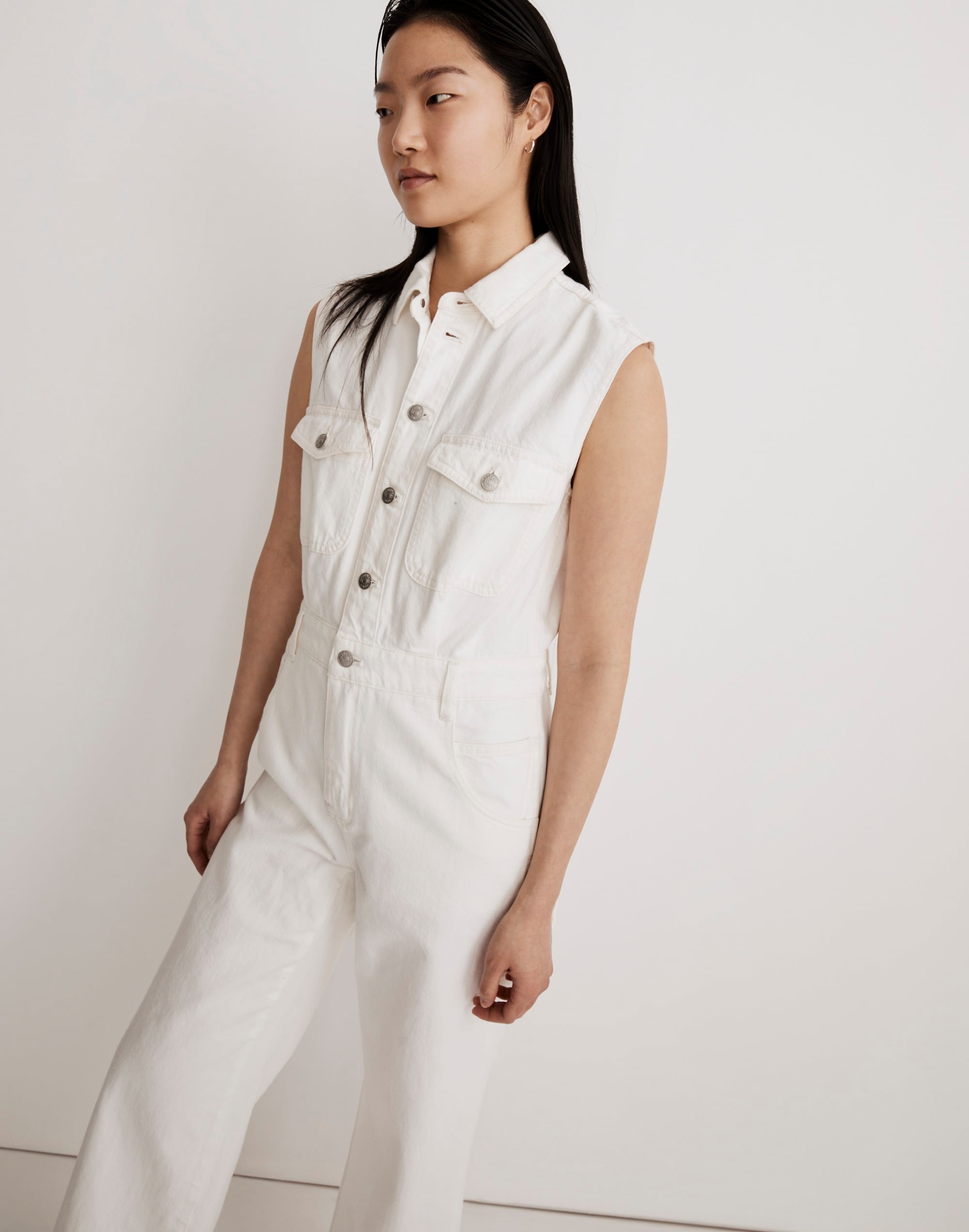 Denim Sleeveless Carpenter Jumpsuit in Tile While