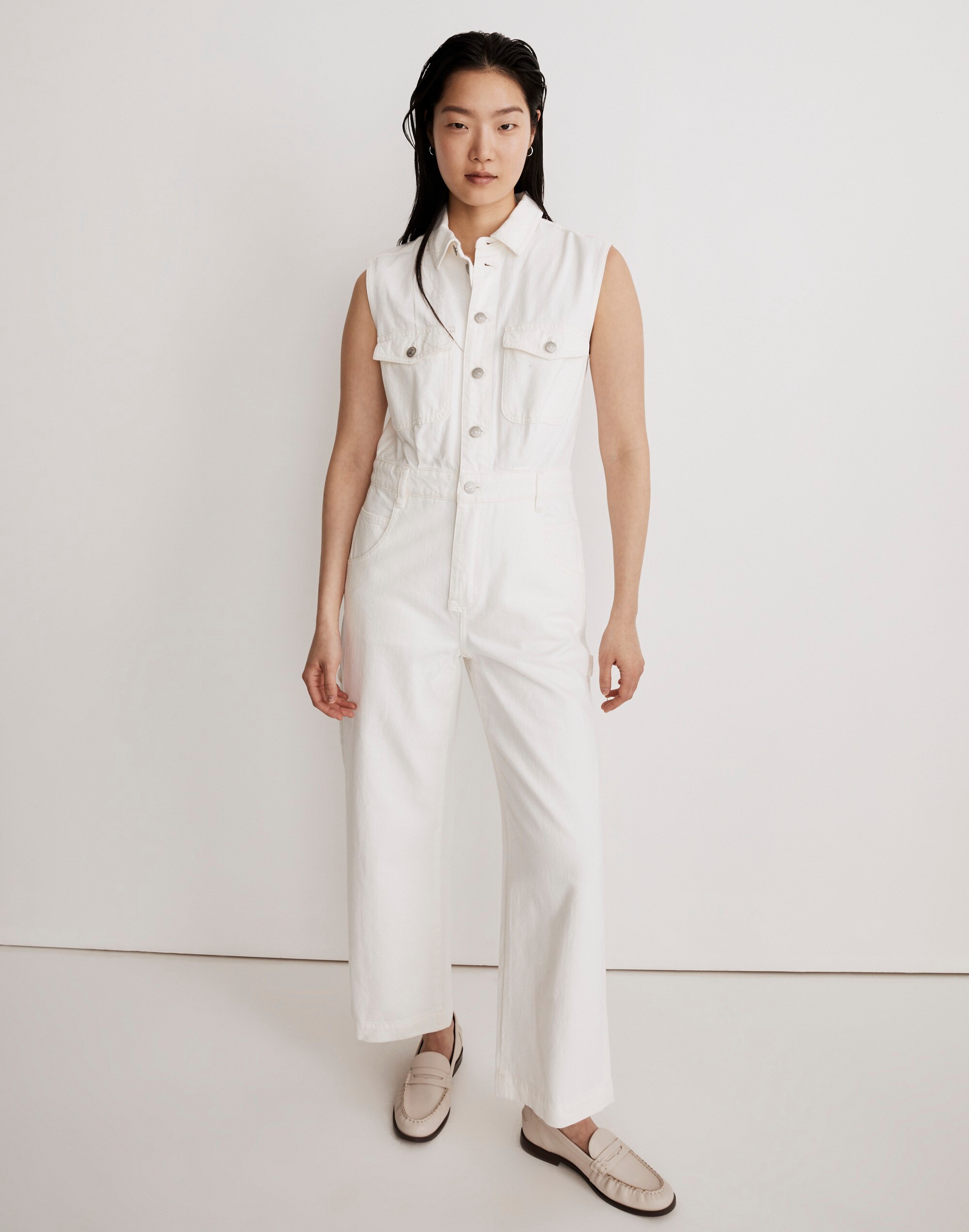 Denim Sleeveless Carpenter Jumpsuit in Tile While