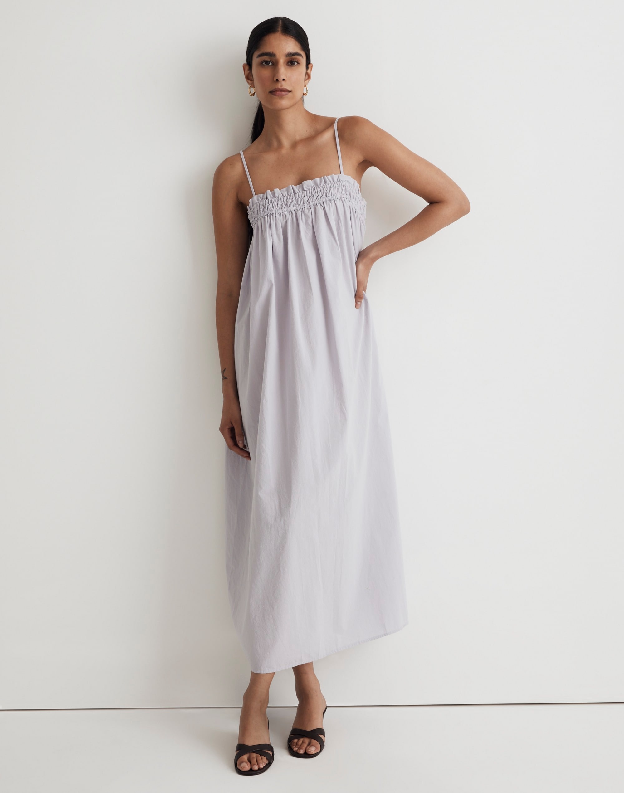poplin ruffle a-line midi dress