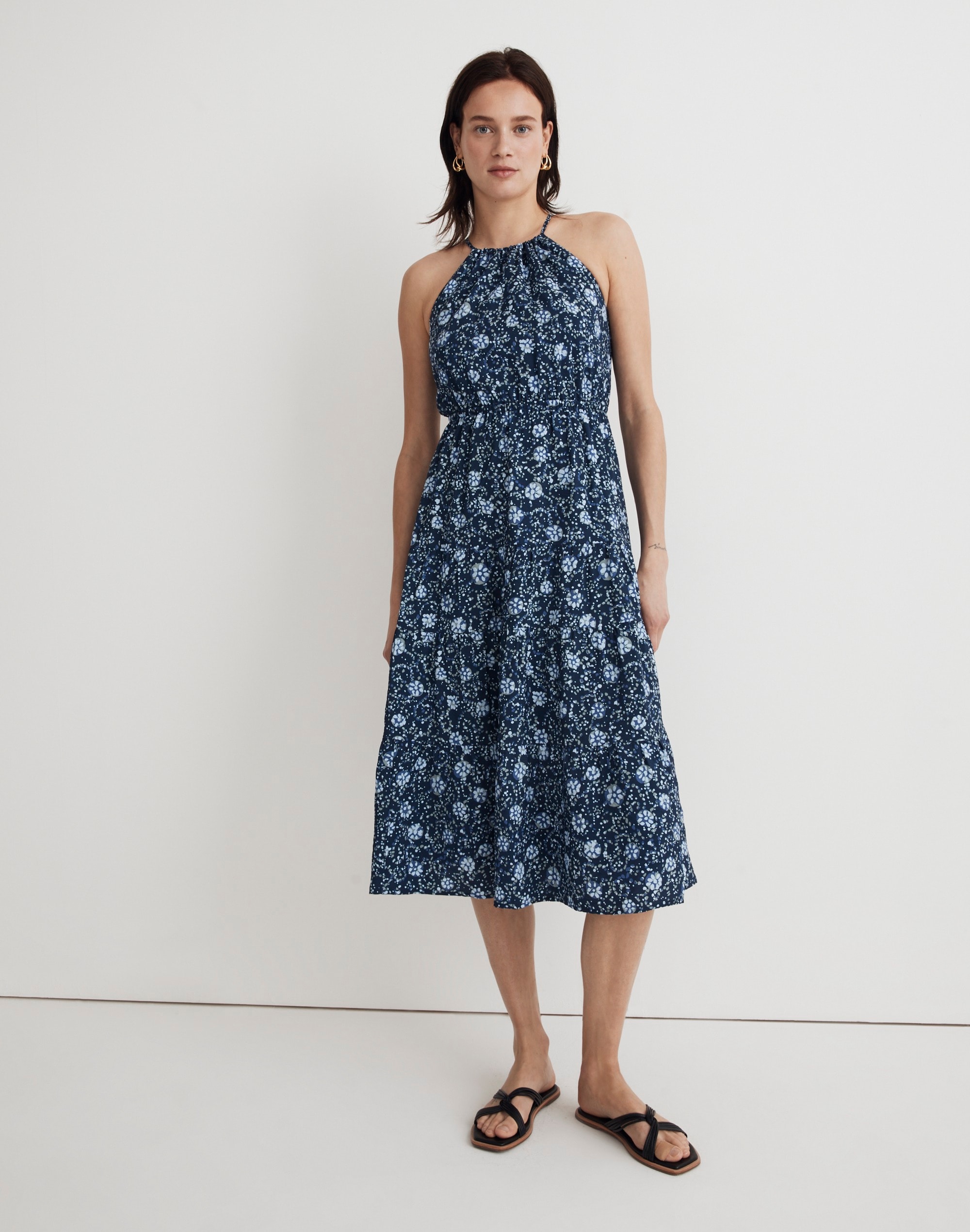 cross-back halter midi dress in vineyard medallion