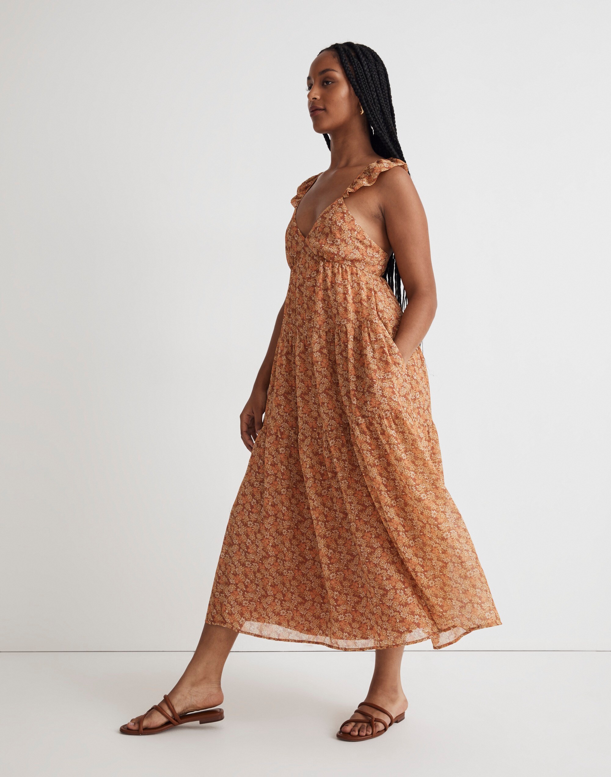 (Re)sourced Georgette Ruffle-Sleeve Tiered Midi Dress in Daisy Meadow