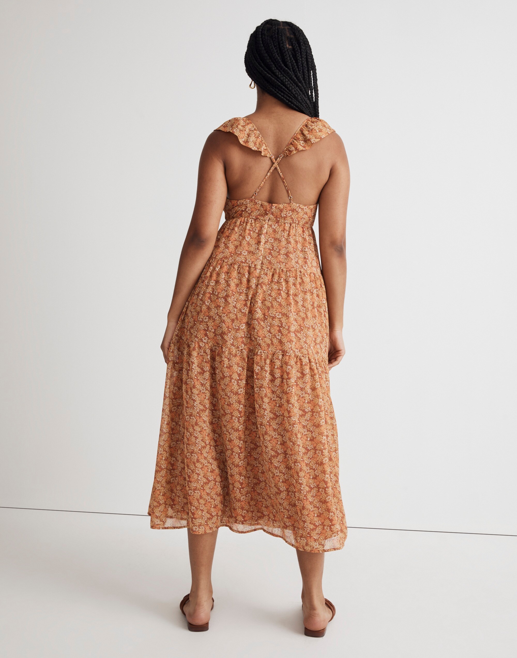 (Re)sourced Georgette Ruffle-Sleeve Tiered Midi Dress in Daisy Meadow