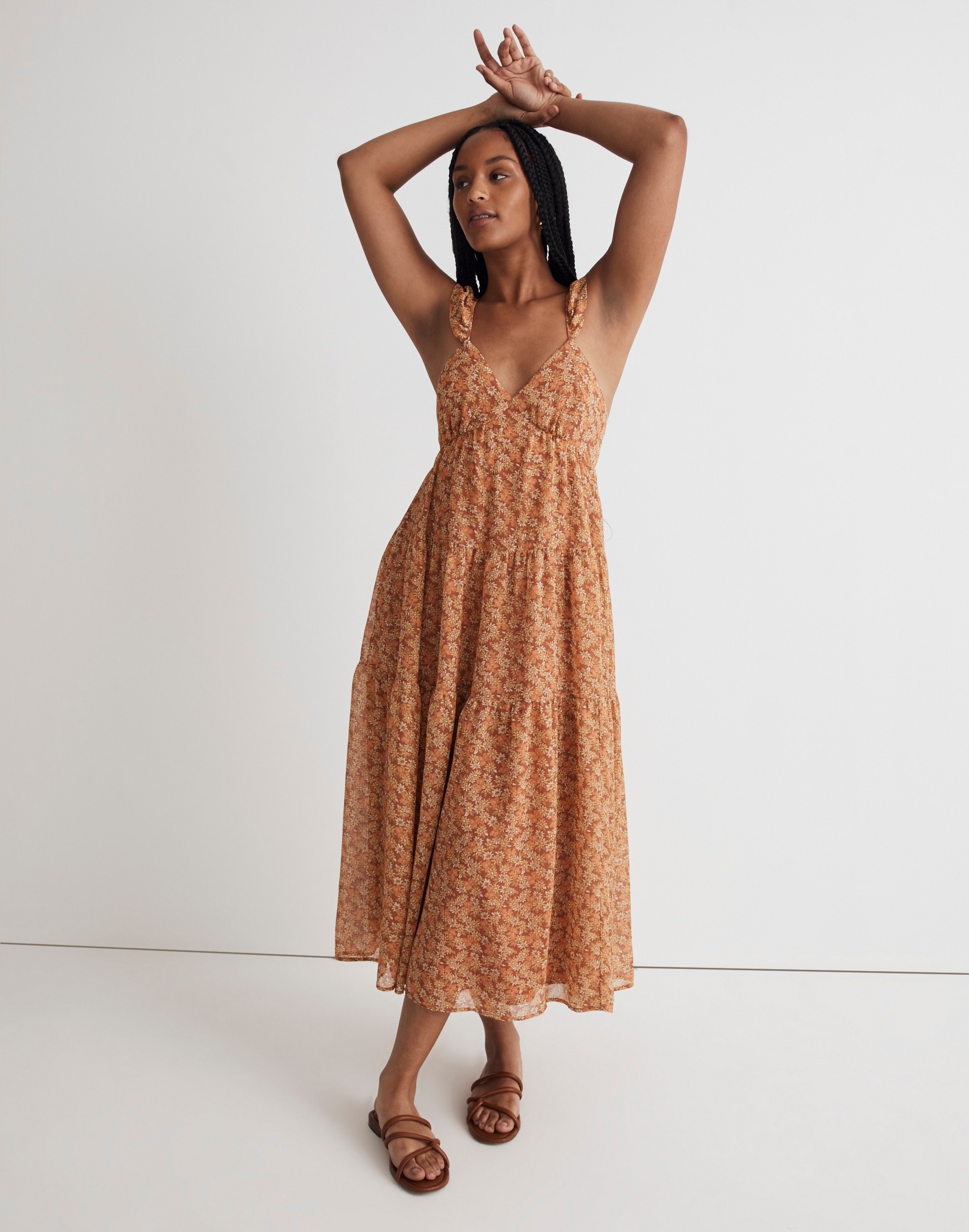 (re)sourced georgette ruffle-sleeve tiered midi dress in daisy meadow