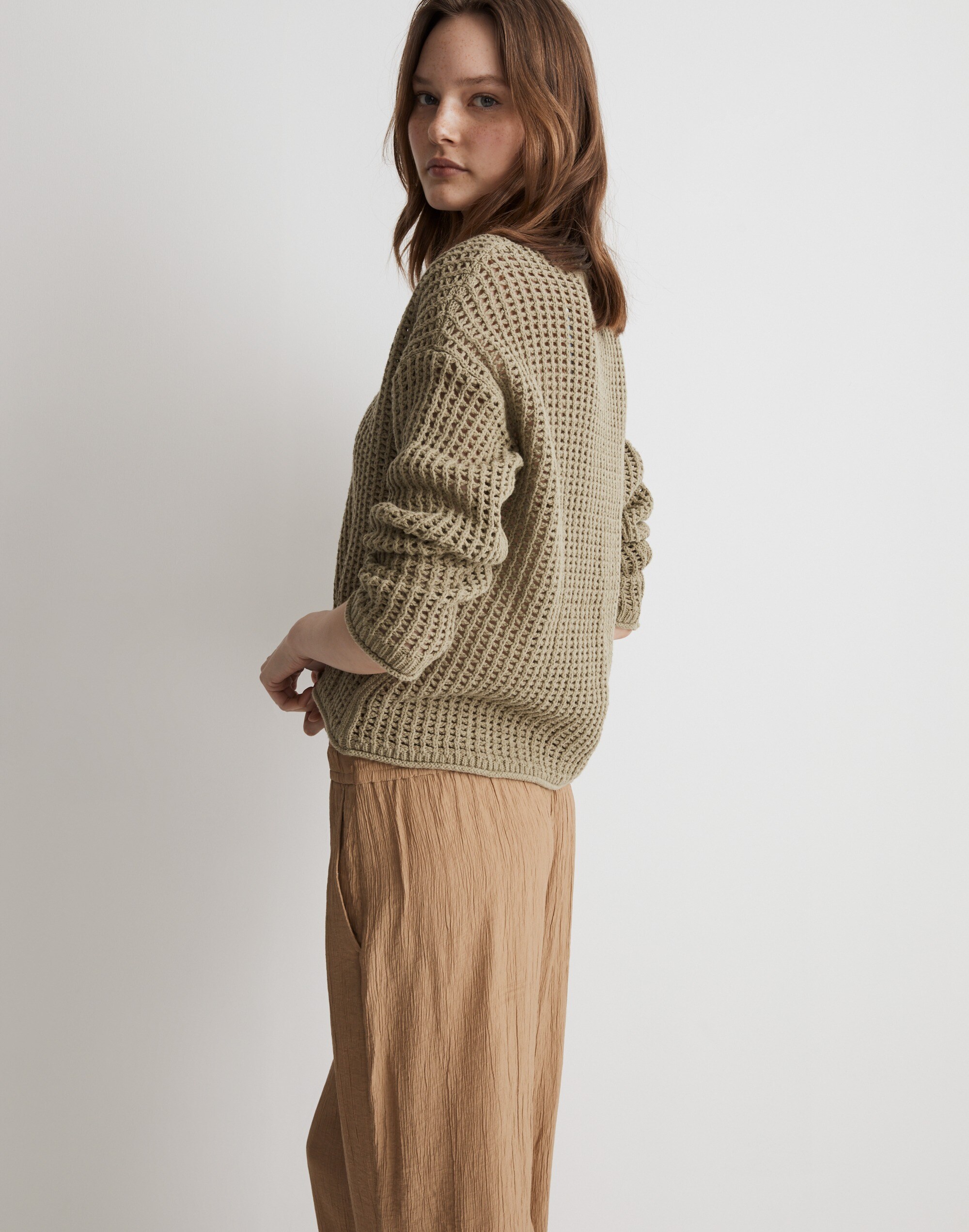 Open-Stitch V-Neck Pullover Sweater