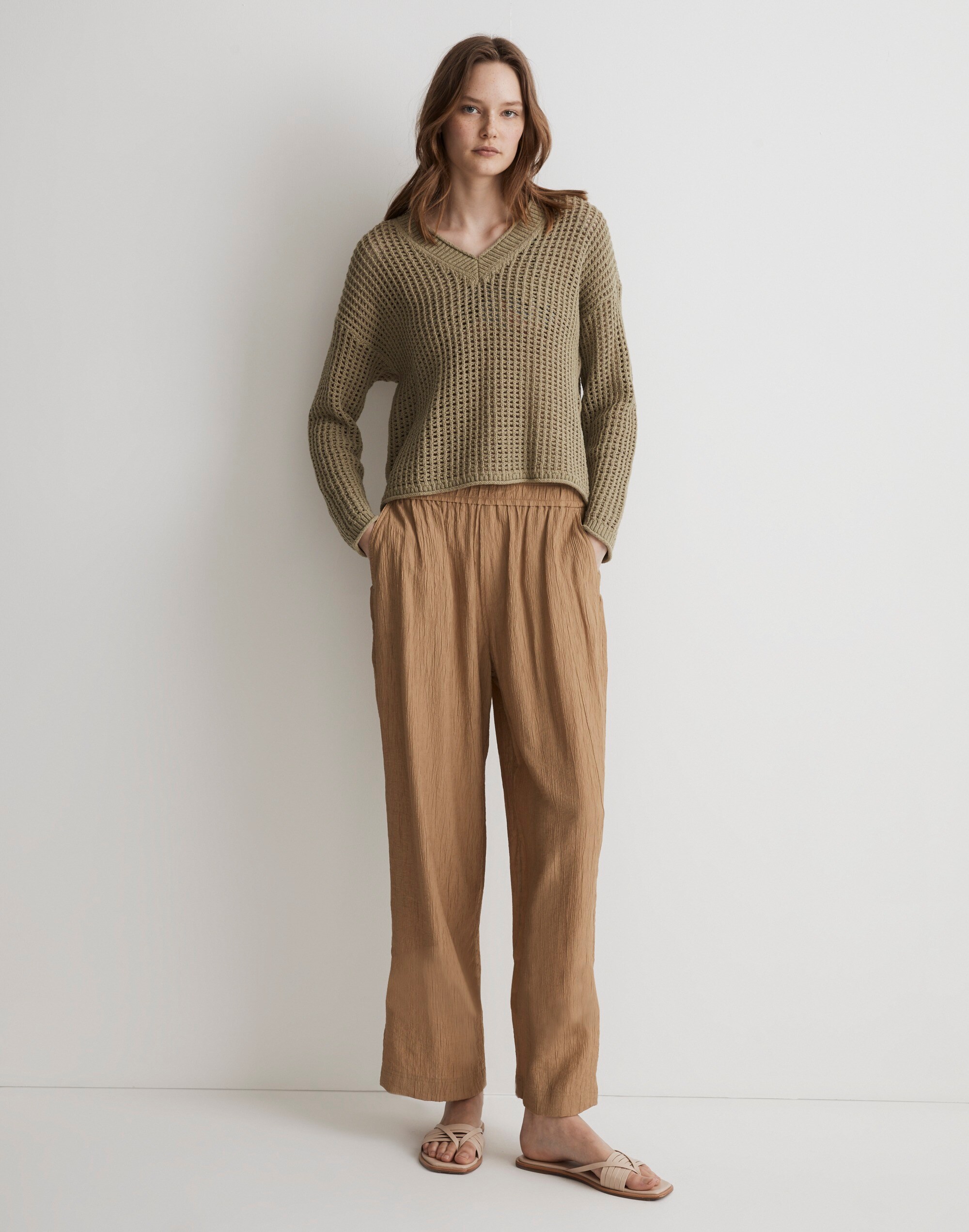 Open-Stitch V-Neck Pullover Sweater