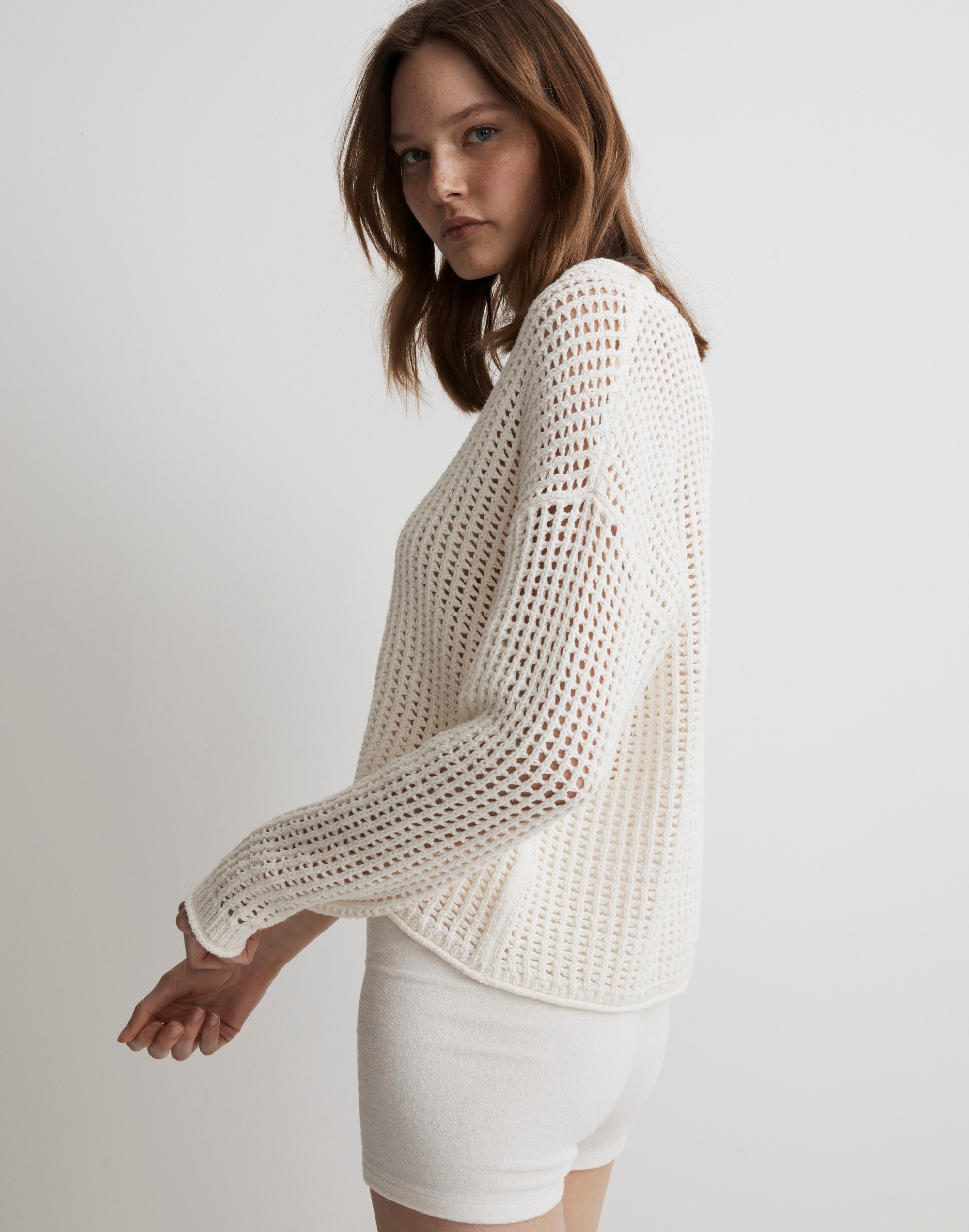 Open-Stitch V-Neck Pullover Sweater
