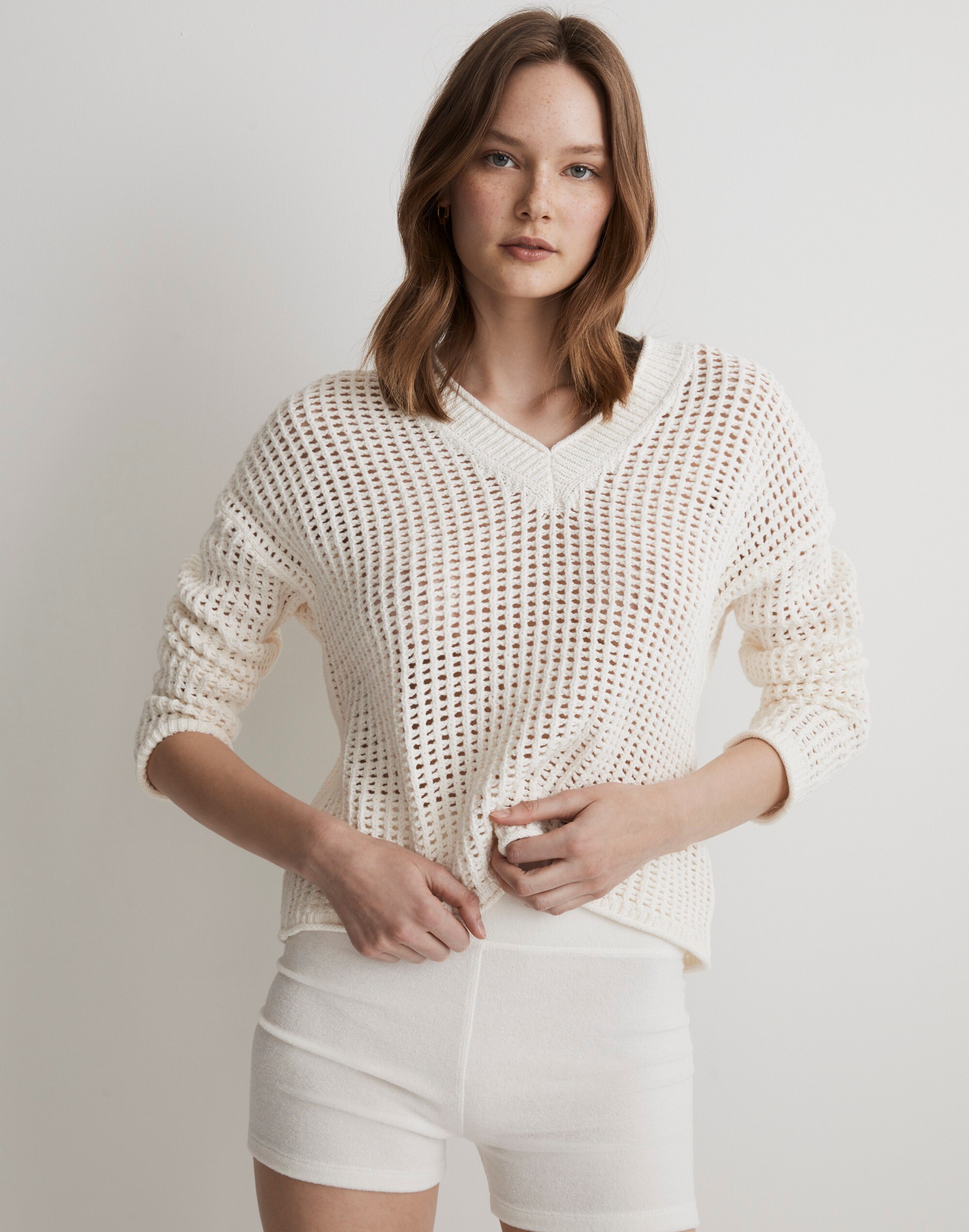Open-Stitch V-Neck Pullover Sweater
