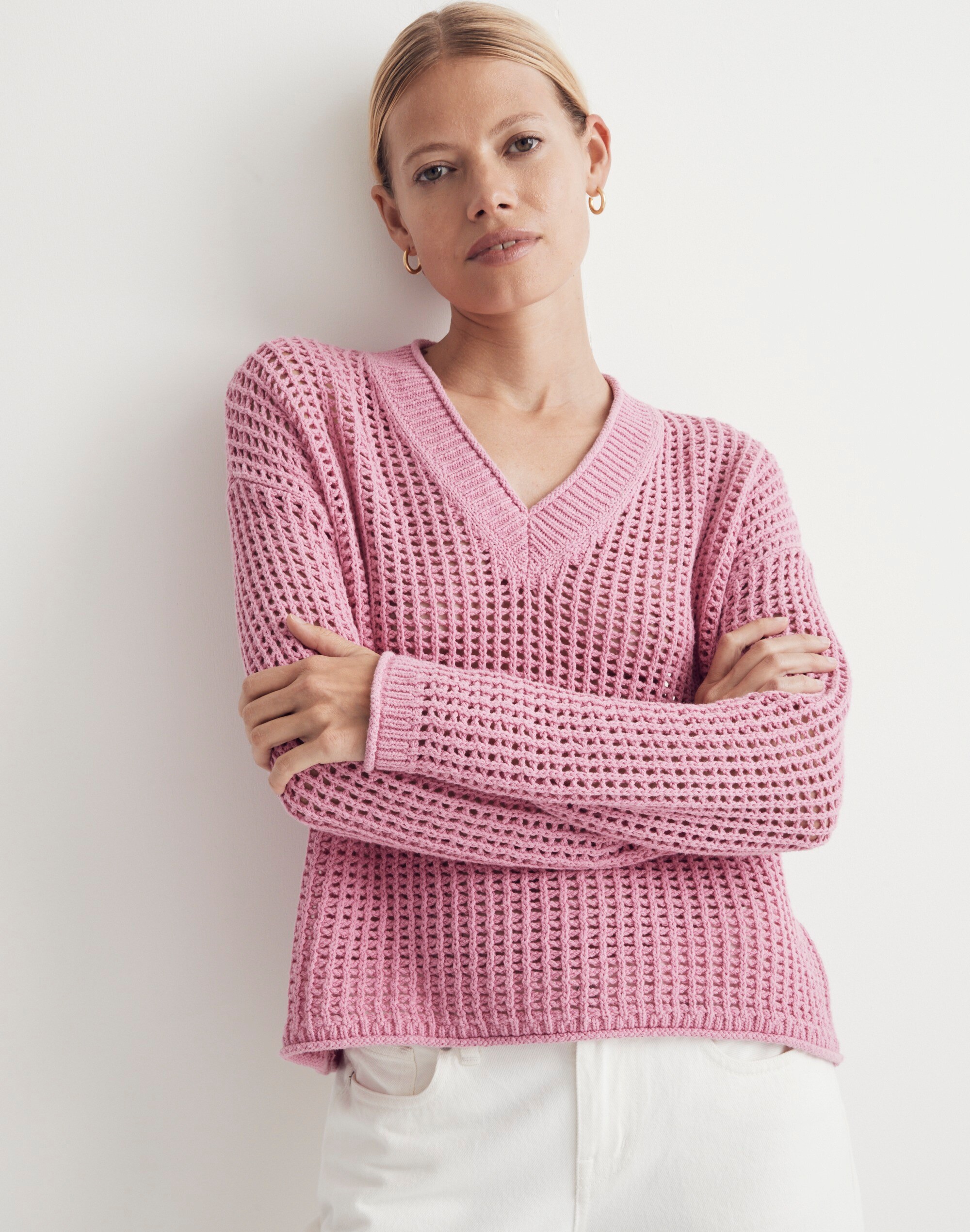 Open-Stitch V-Neck Pullover Sweater