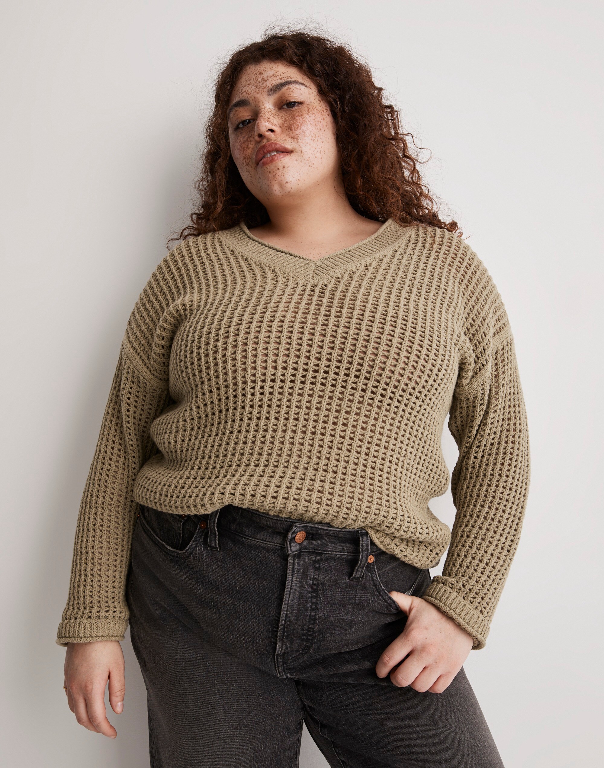 Plus Open-Stitch V-Neck Pullover Sweater