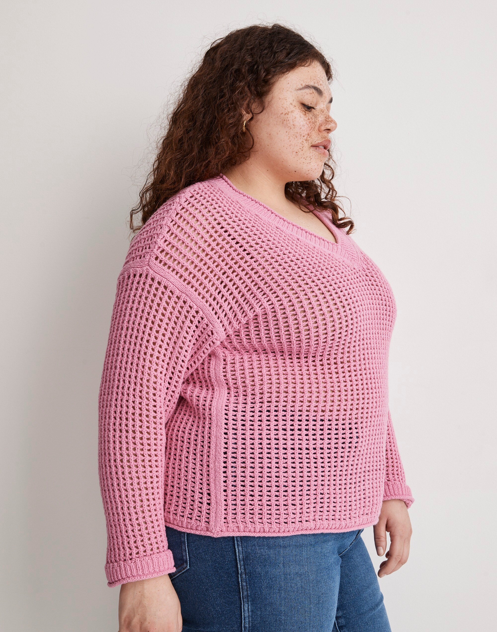 Plus Open-Stitch V-Neck Pullover Sweater