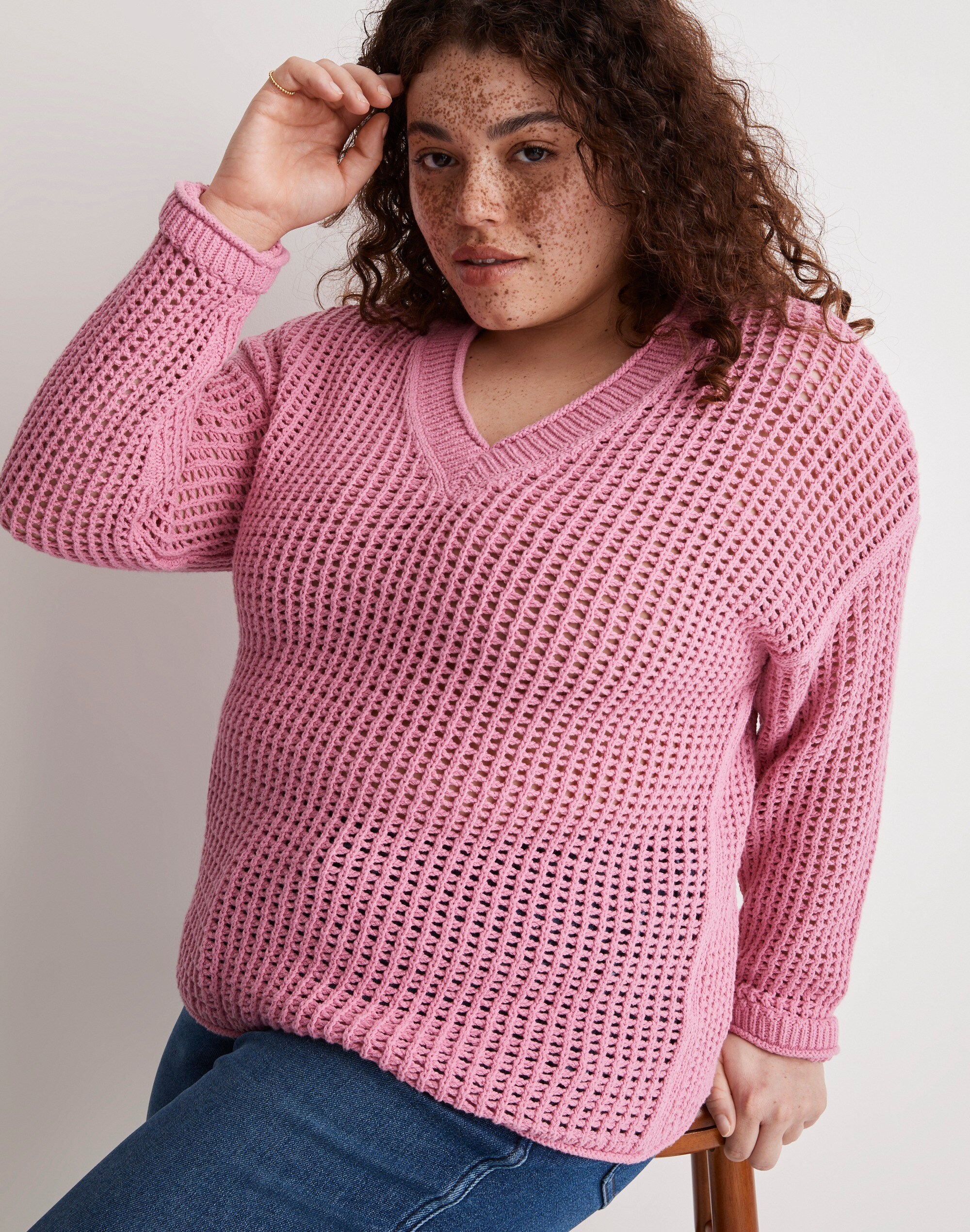 Plus Open-Stitch V-Neck Pullover Sweater
