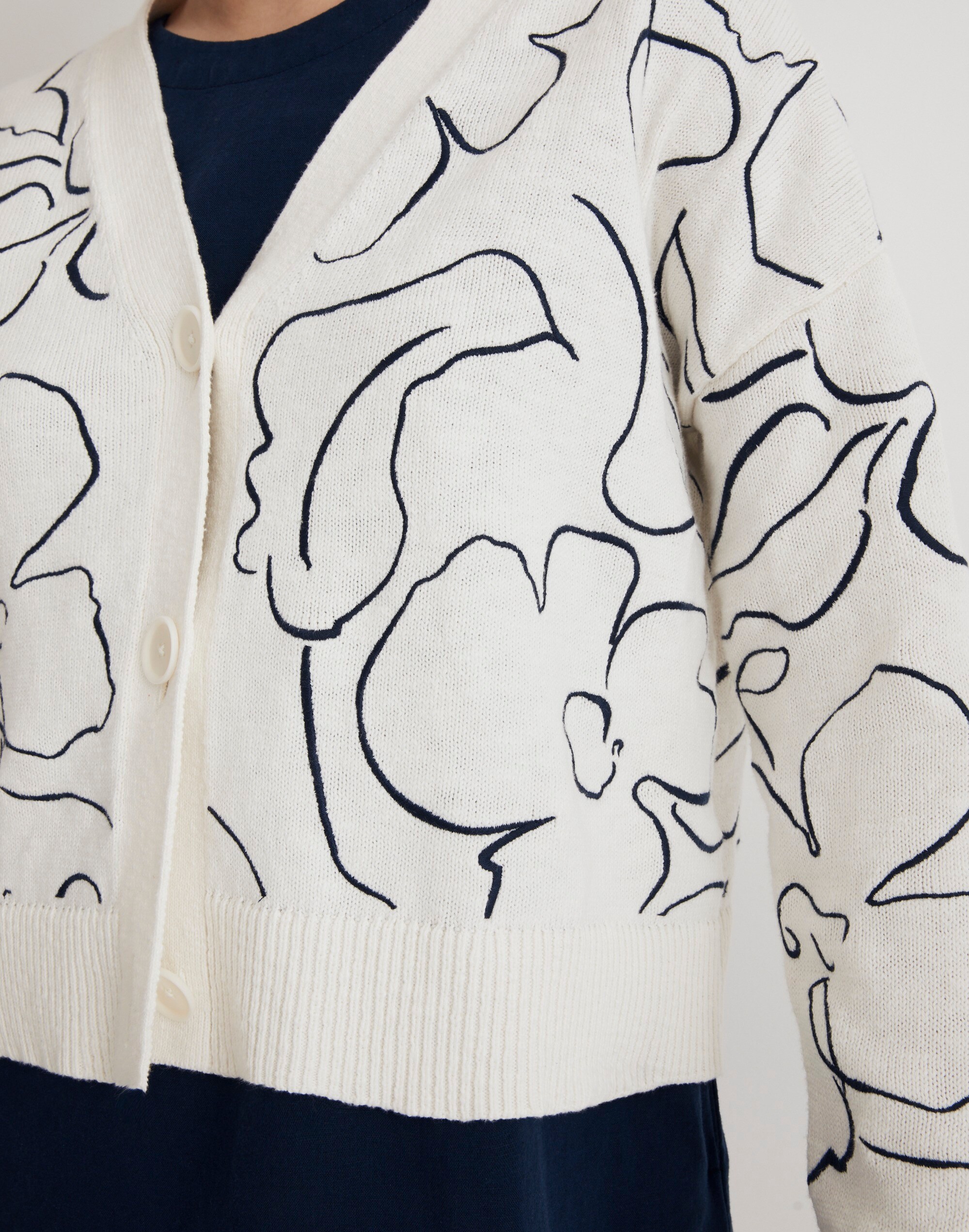 Embroidered V-Neck Cardigan Sweater in Linear Bloom