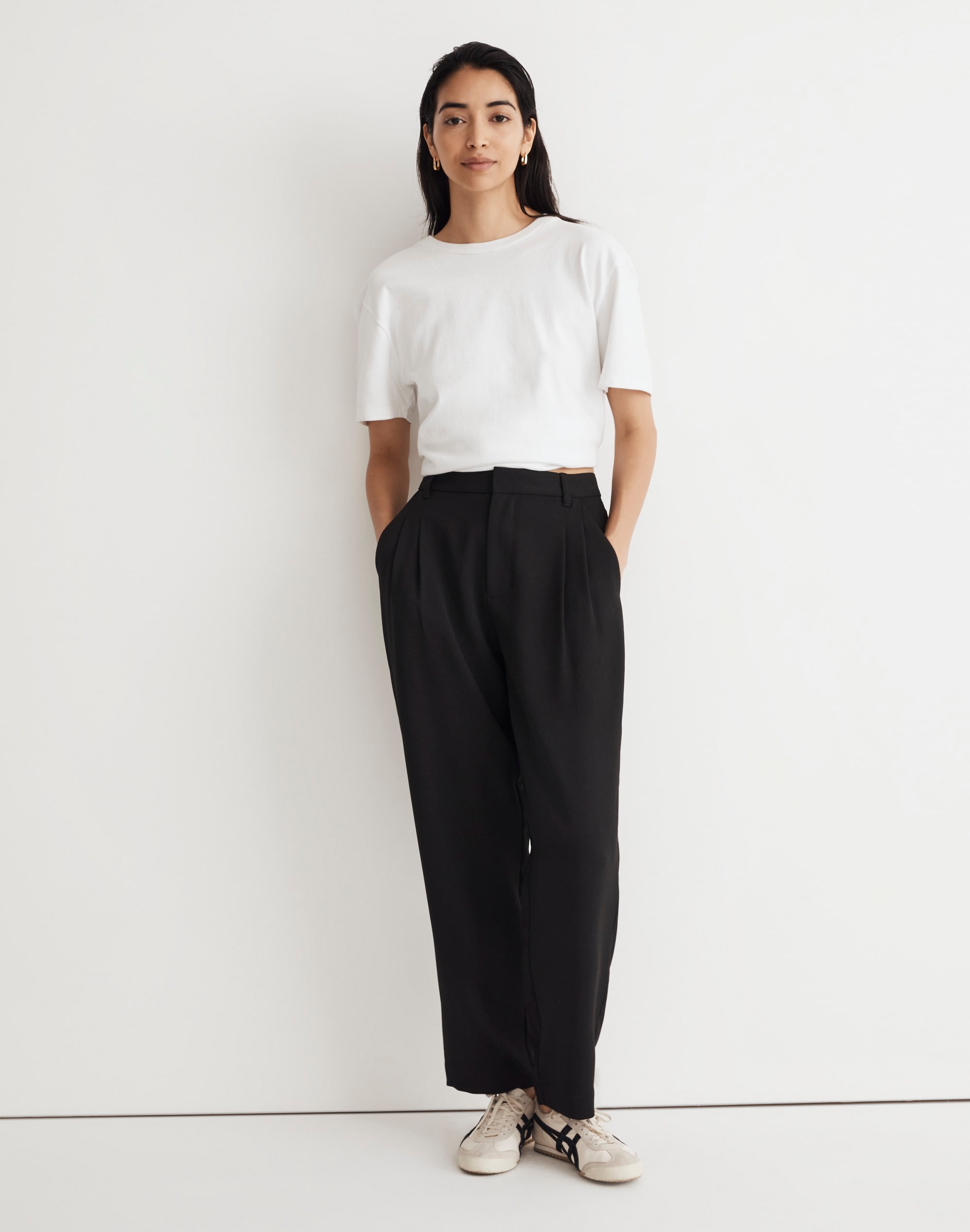 pleated tapered-leg pants in easygoing crepe