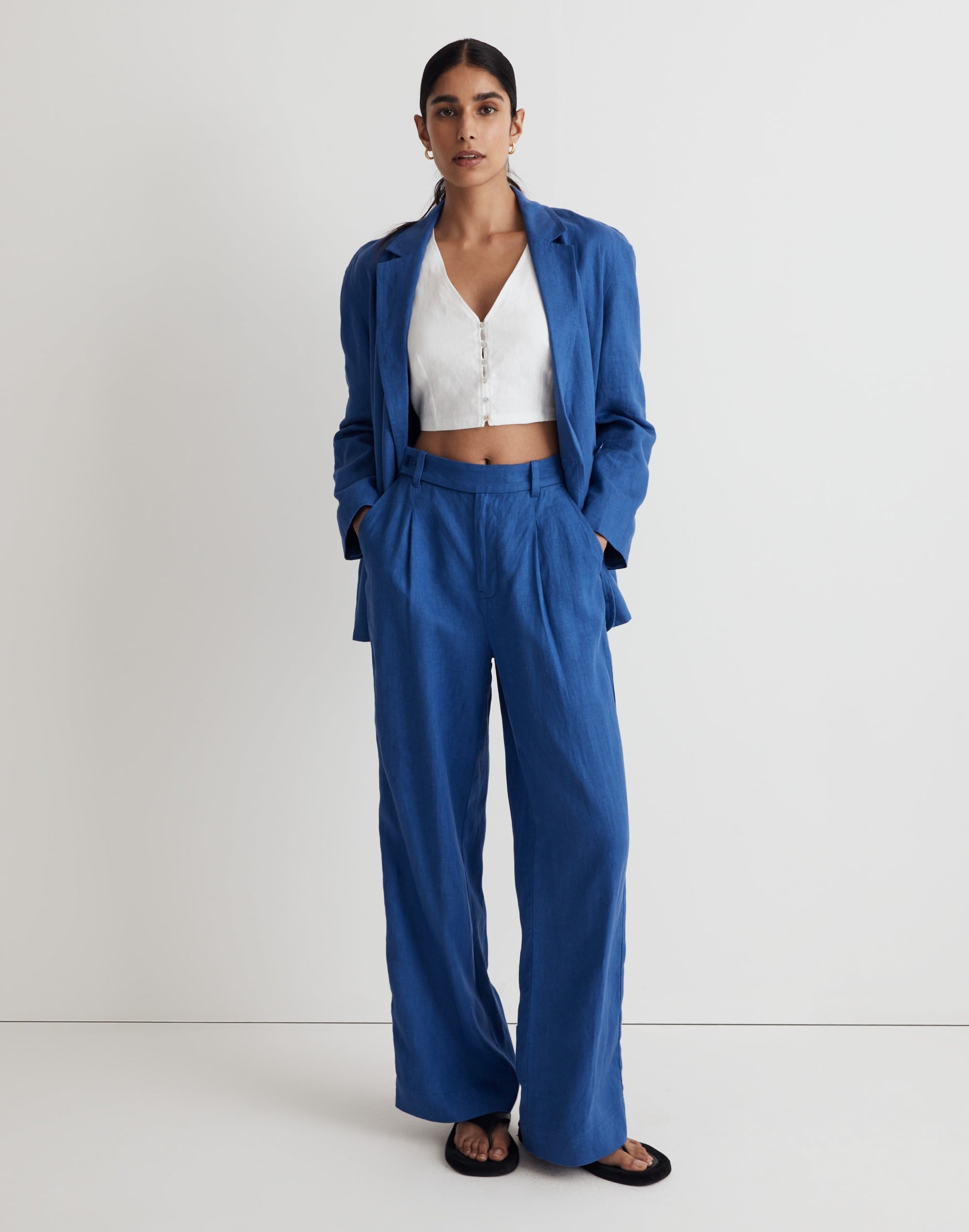 double-breasted crossover blazer in 100% linen